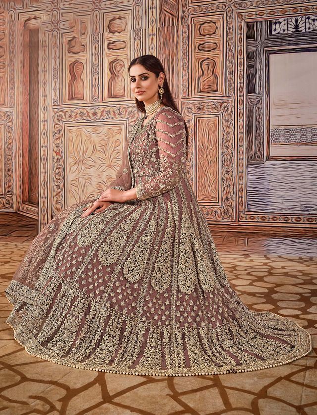 Brown Net Heavy Thread Embroidery And Zari Work Anarkali Suits