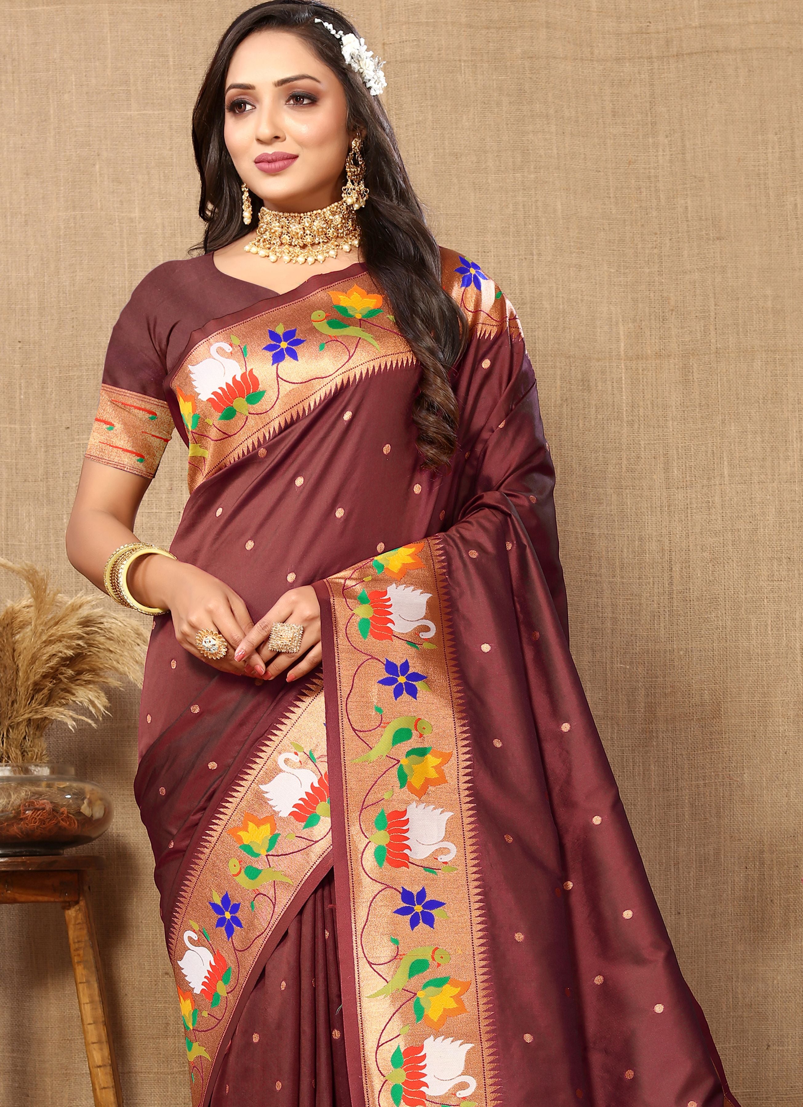 Brown Paithani Silk Woven Meenakari Paithani Designer Ethnic Heavy Looks Saree