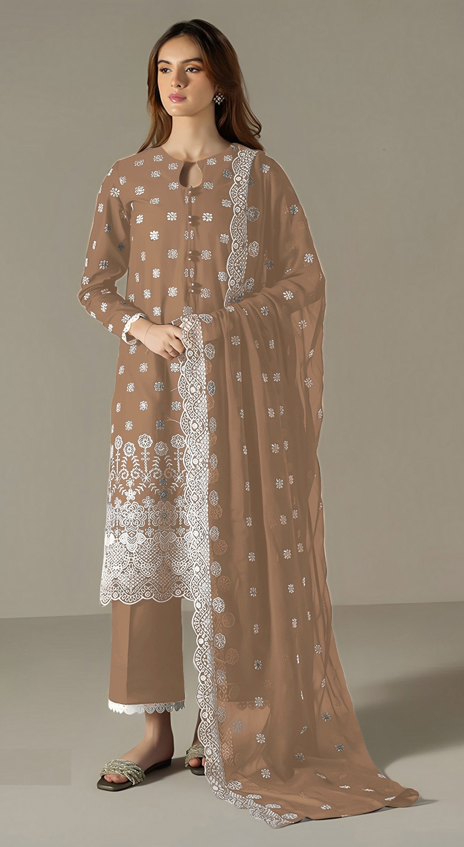 Brown Pakistani Salwar Suit With Heavy Embroidery Work