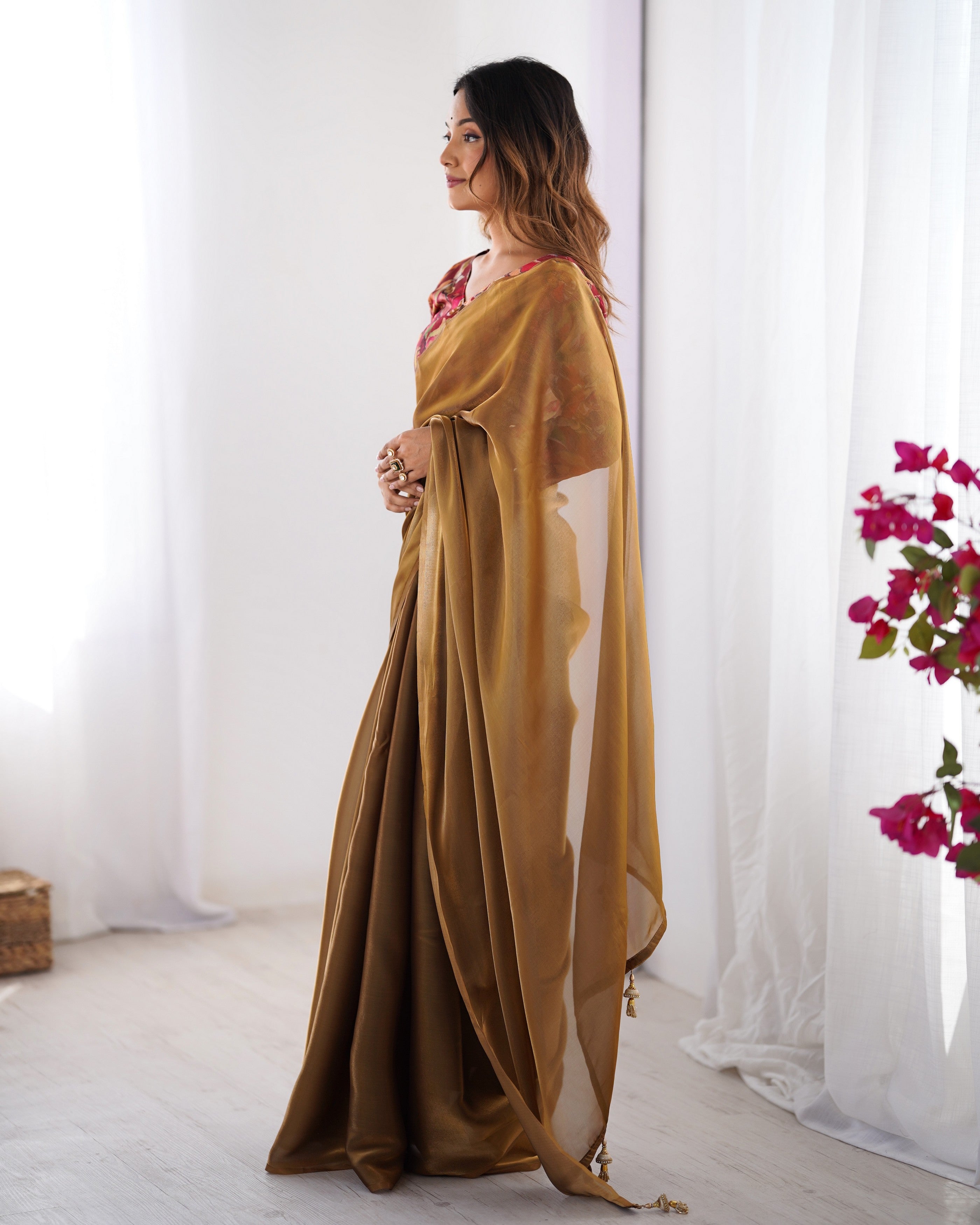 Brown Rangoli Designer Printed With Swarovski Work Partywear Saree
