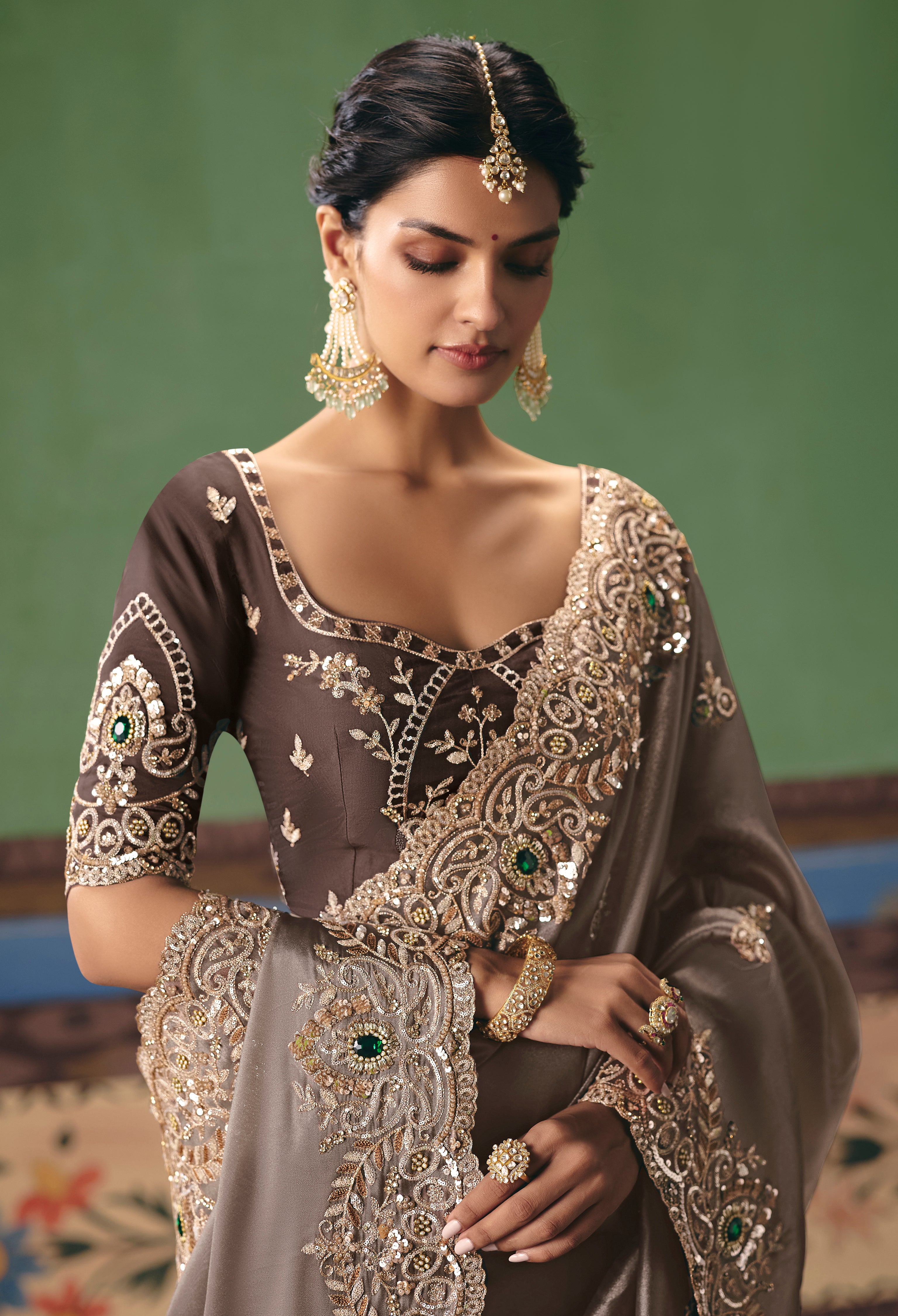 Brown Saree With Heavy Designer Embroidery, Sequince, Stone, Pearl With Beads Work