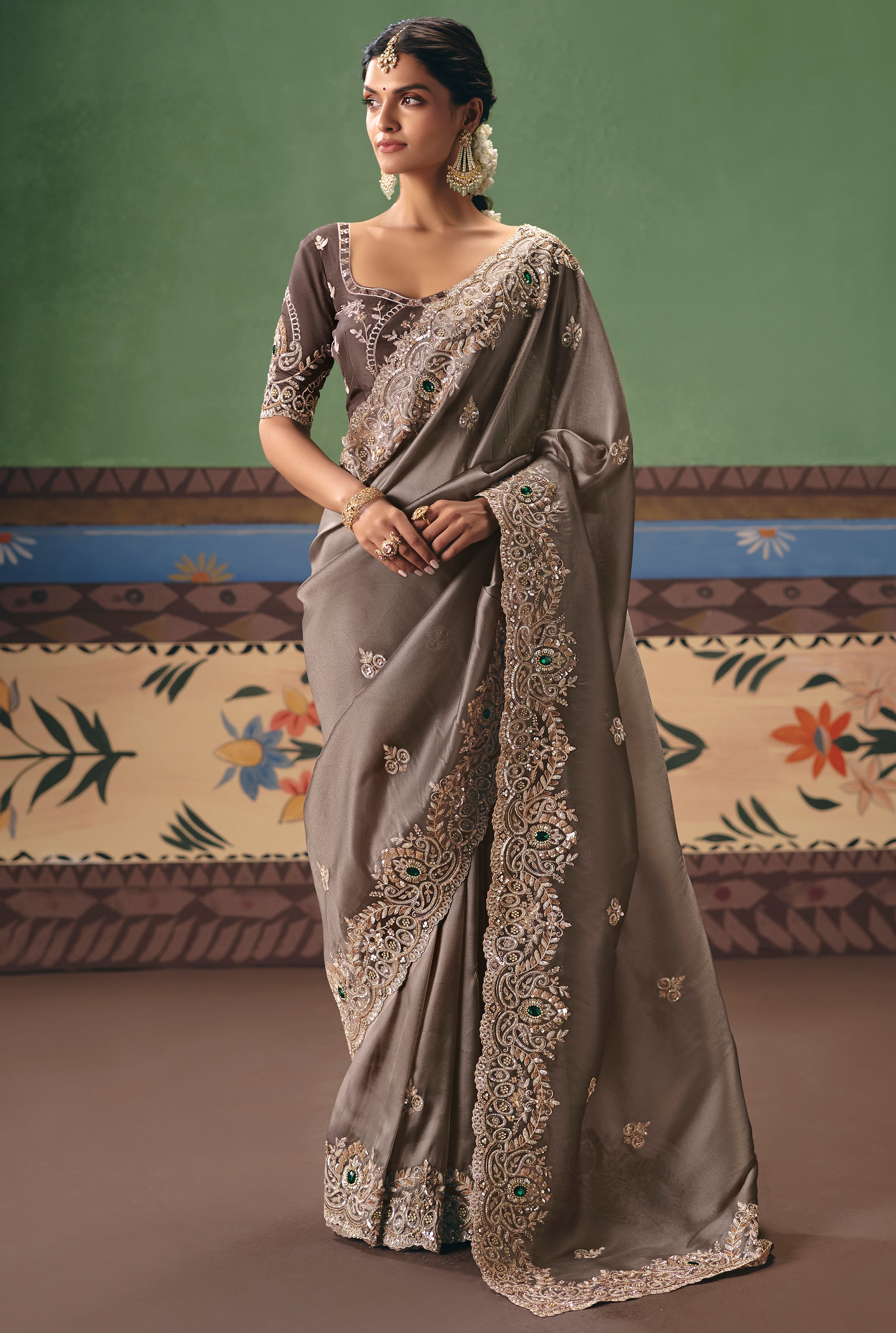Brown Saree With Heavy Designer Embroidery, Sequince, Stone, Pearl With Beads Work