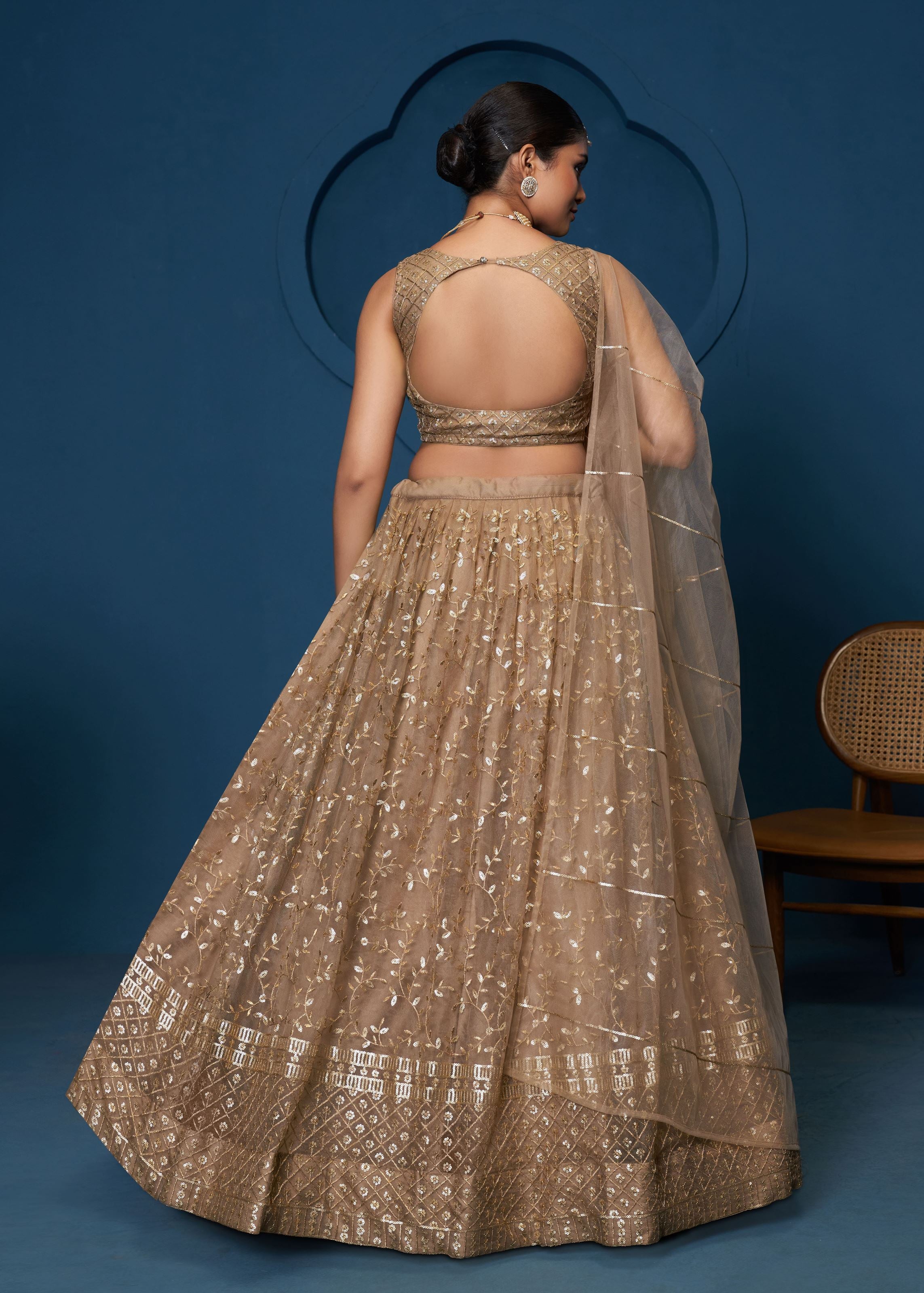 Brown Sequence Zari Embroidery Work Lehenga Choli