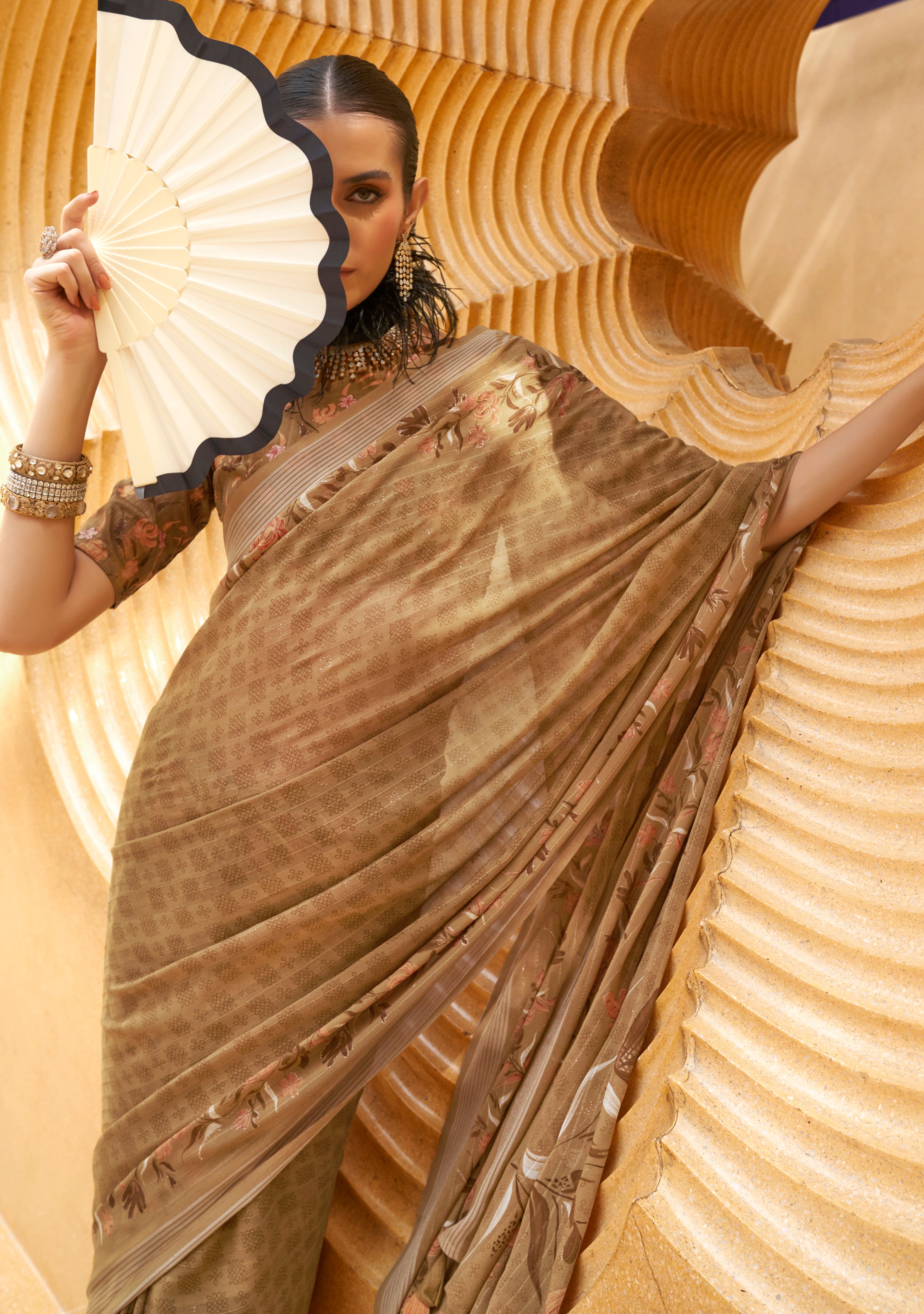 Brown Silk Georgette Saree With Printed