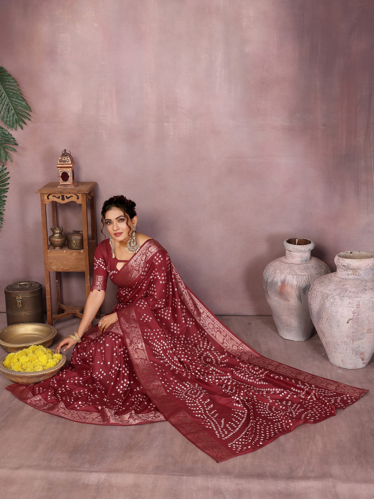 Brown Silk Saree With Bandhej And Premium Zari Weaving