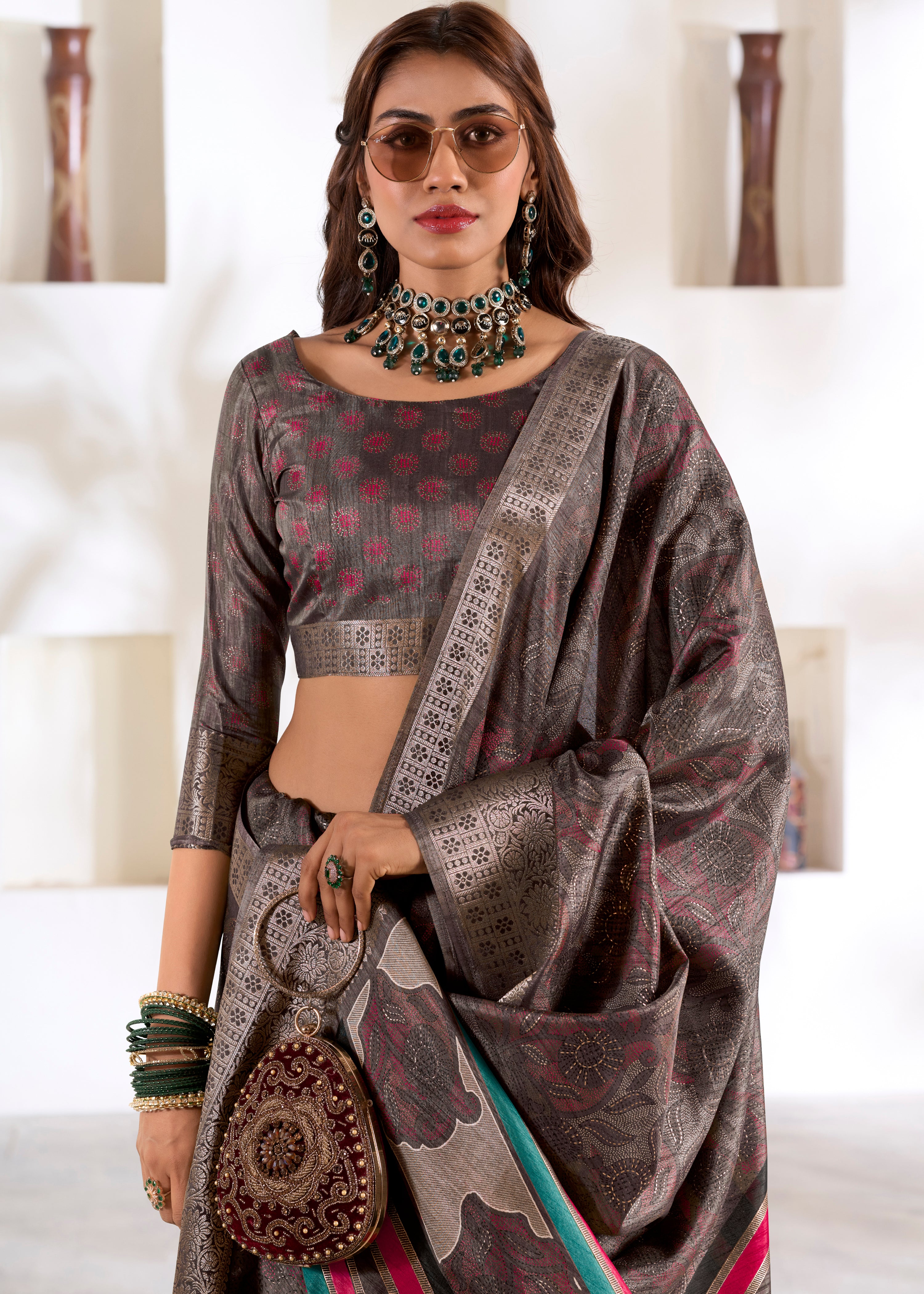Brown Soft Dola Silk Saree With Foil Print With Jacquard Woven Work