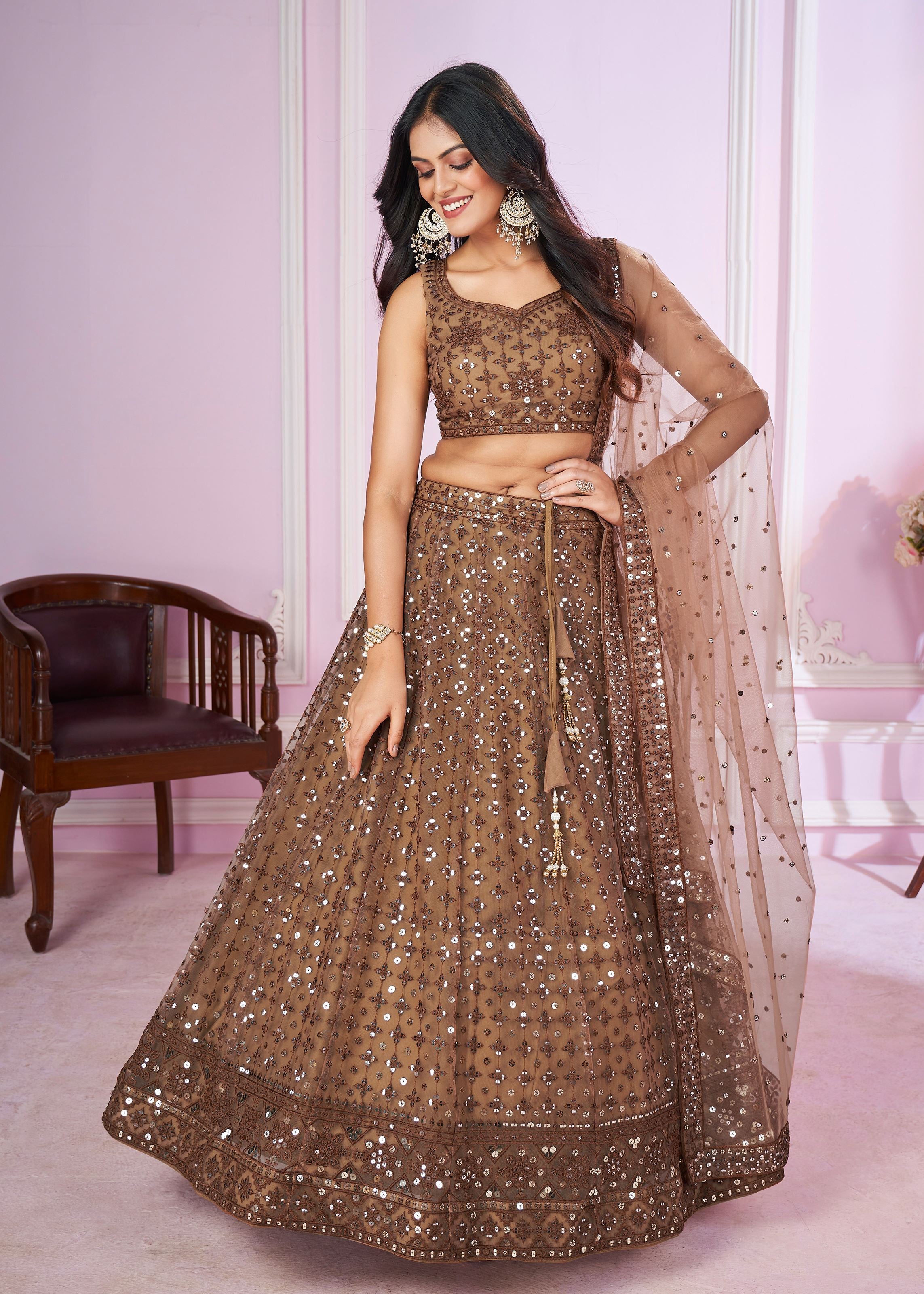 Brown Soft Net Lehenga Choli With Sequins, Thread Embroidery Work
