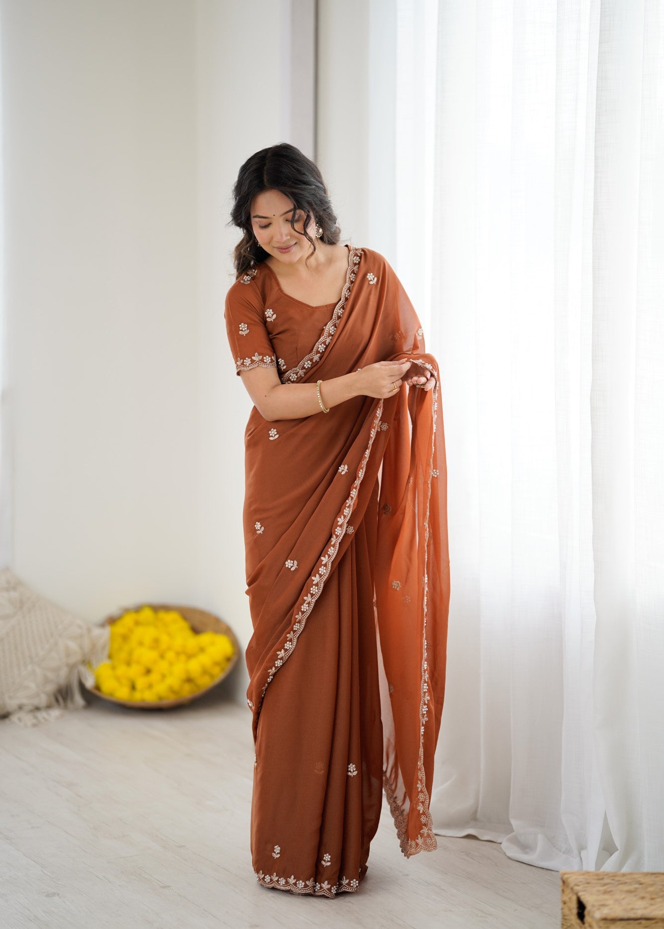 Brown Star Georgette Saree With Embroidery And Moti Work With Blouse