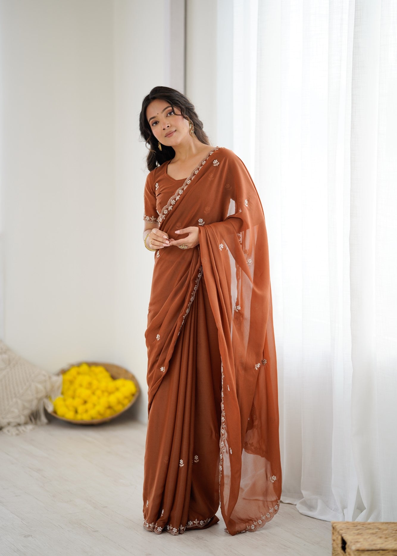 Brown Star Georgette Saree With Embroidery And Moti Work With Blouse