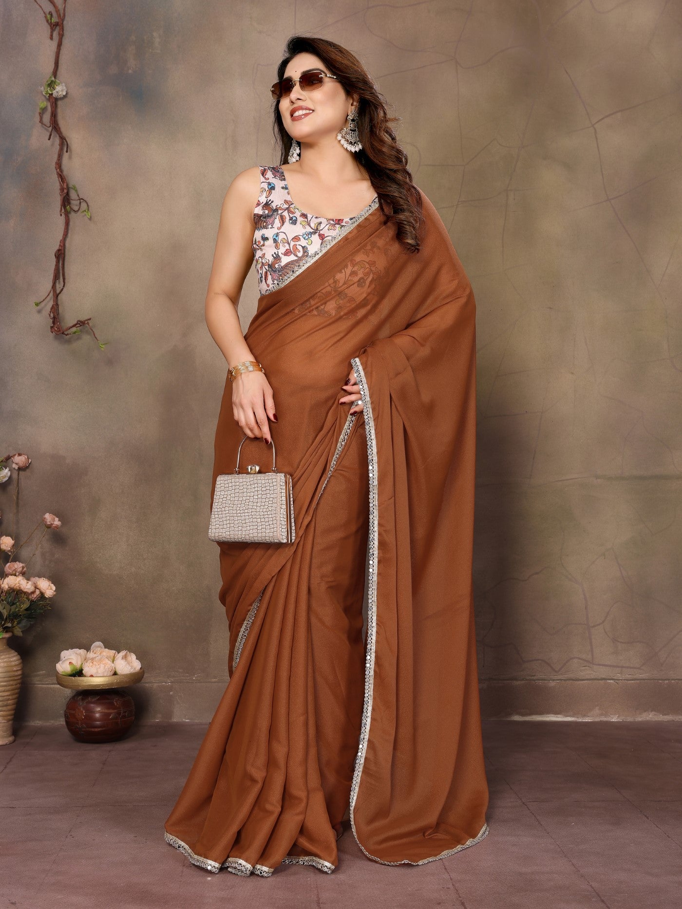 Brown Star Georgette Saree With Mirror Border Design