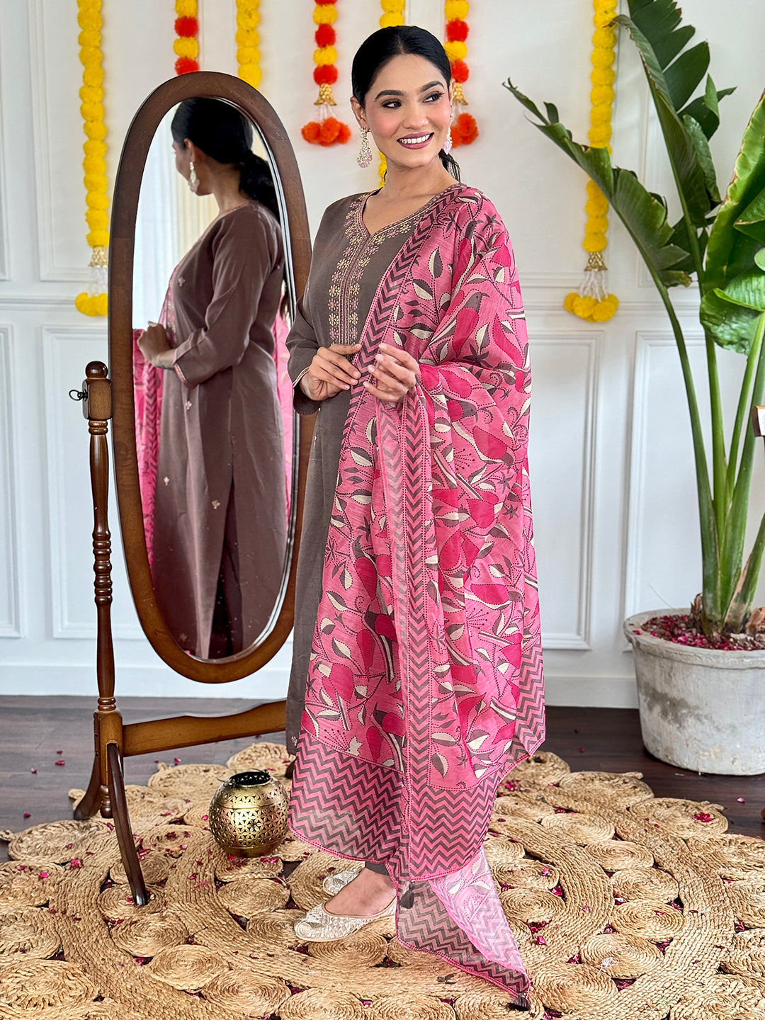 Brown Viscose Chanderi Kurta Pant With Embroidery Work And Printed Dupatta
