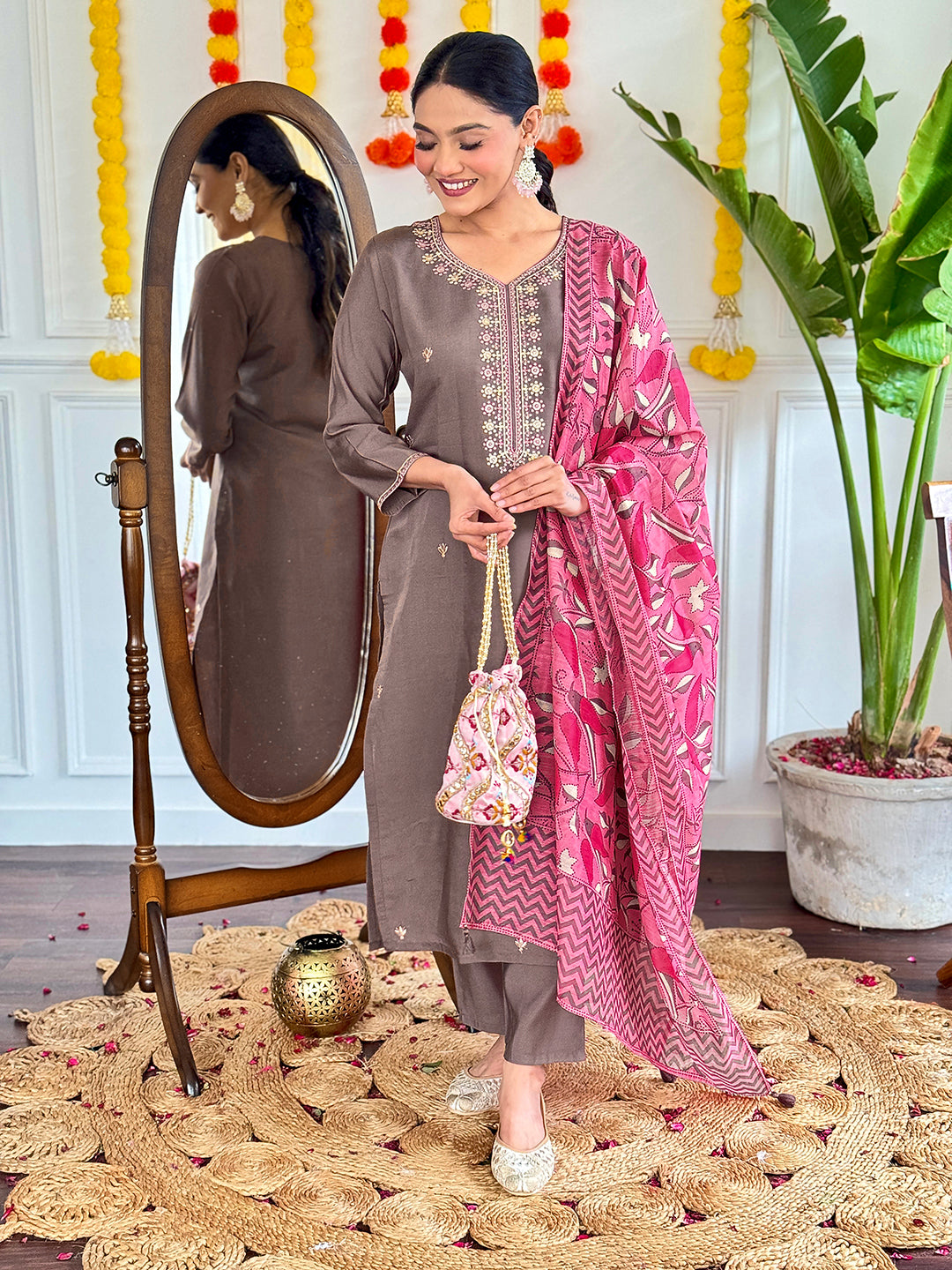 Brown Viscose Chanderi Kurta Pant With Embroidery Work And Printed Dupatta