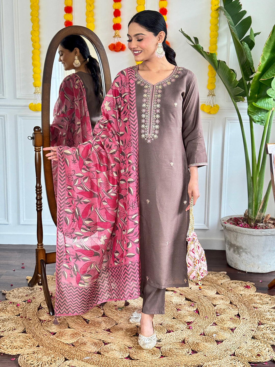 Brown Viscose Chanderi Kurta Pant With Embroidery Work And Printed Dupatta