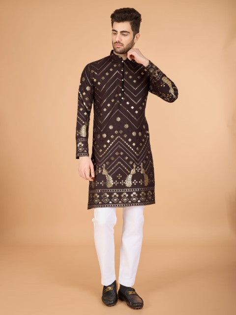 Brown Viscose Rayon Thread & Sequins Embroidery Ceremonial Kurta