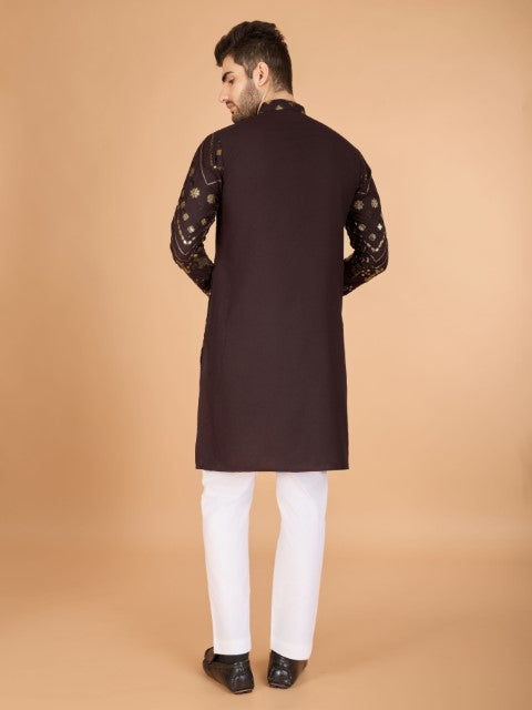 Brown Viscose Rayon Thread & Sequins Embroidery Ceremonial Kurta
