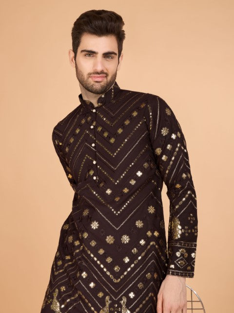 Brown Viscose Rayon Thread & Sequins Embroidery Ceremonial Kurta