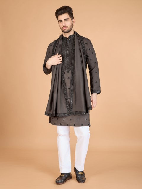 Brown Viscose Silk Ethnic Kurta with Dupatta for Ceremonial Look