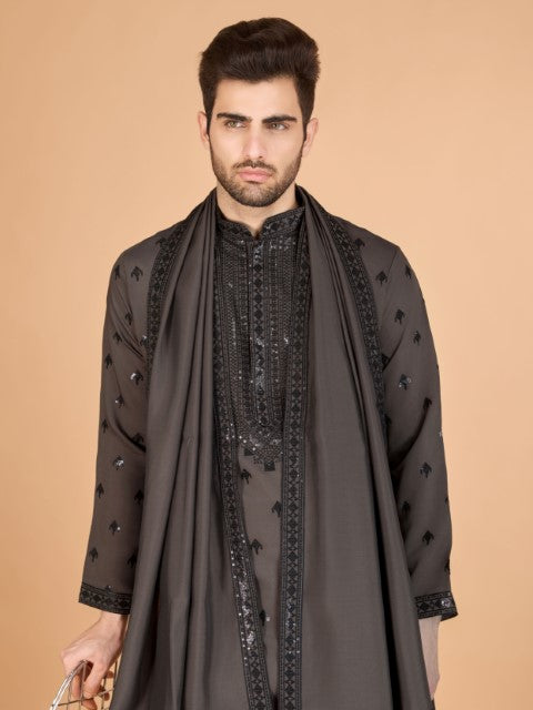 Brown Viscose Silk Ethnic Kurta with Dupatta for Ceremonial Look