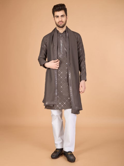 Brown Viscose Silk Thread & Sequins Kurta with Dupatta