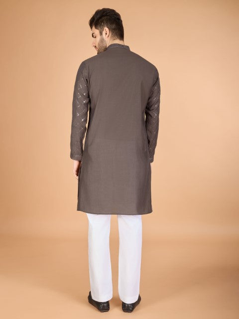 Brown Viscose Silk Thread & Sequins Kurta with Dupatta