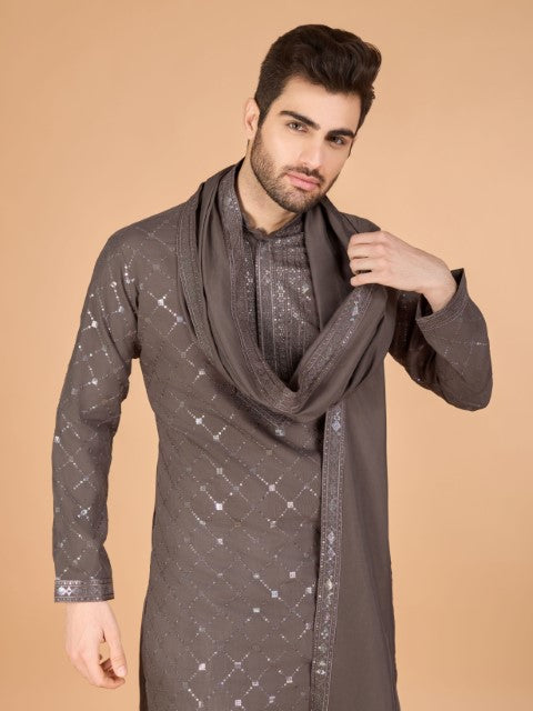 Brown Viscose Silk Thread & Sequins Kurta with Dupatta