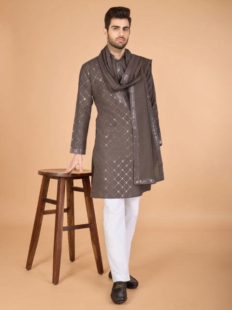 Brown Viscose Silk Thread & Sequins Kurta with Dupatta
