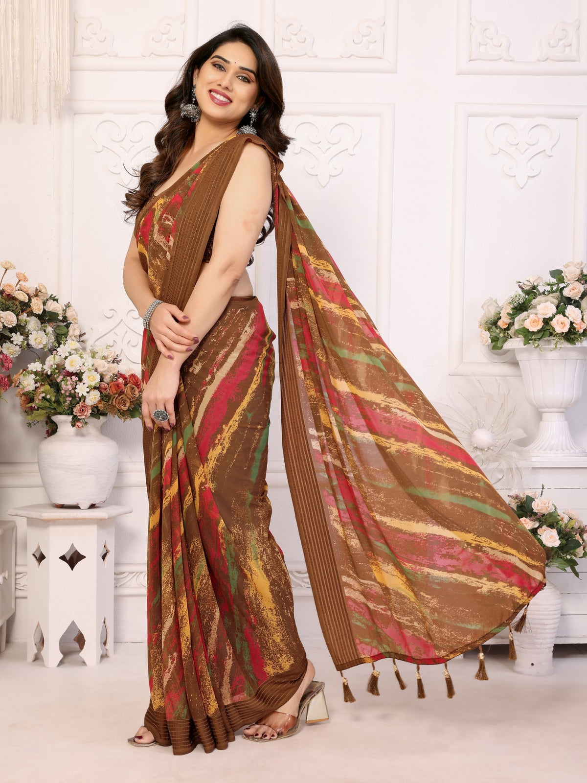 Brown Weightless Patta Saree With Printed