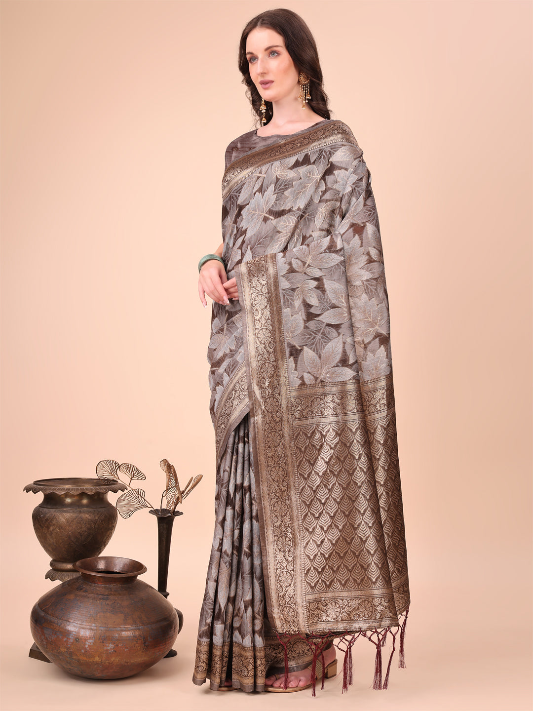 Brown Woven Jacquard Designer With Floral Printed Cotton Ceremonial Saree