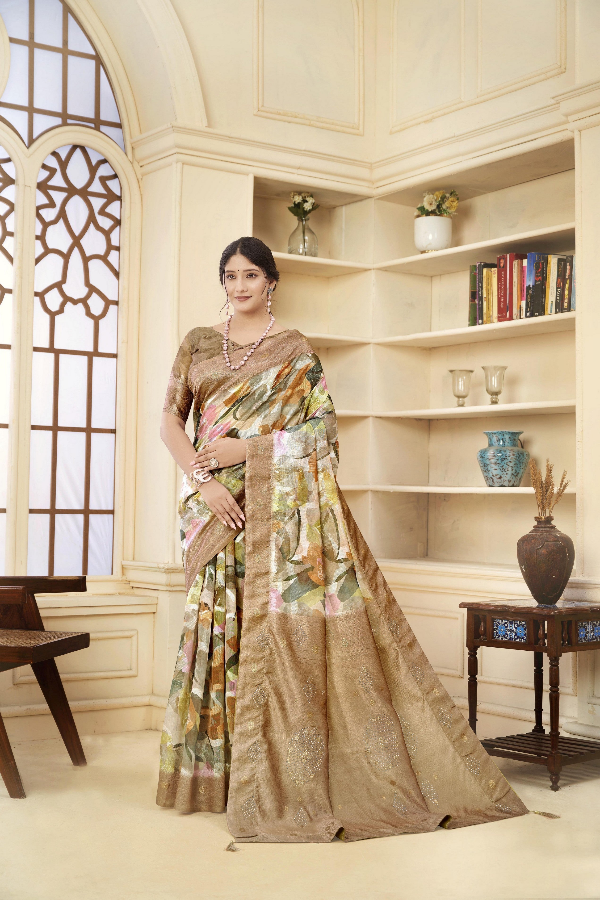 Brown Woven Jacquard Designer With Printed Rich Silk Stylish Ceremonial Saree