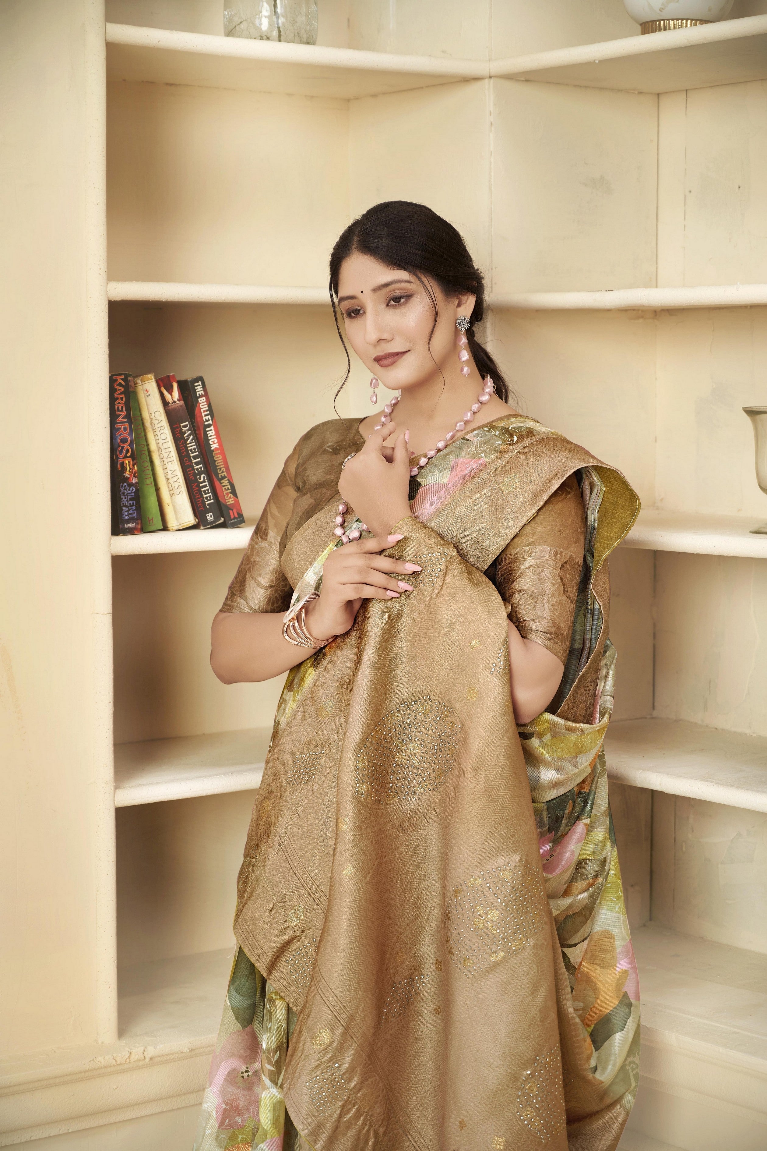Brown Woven Jacquard Designer With Printed Rich Silk Stylish Ceremonial Saree