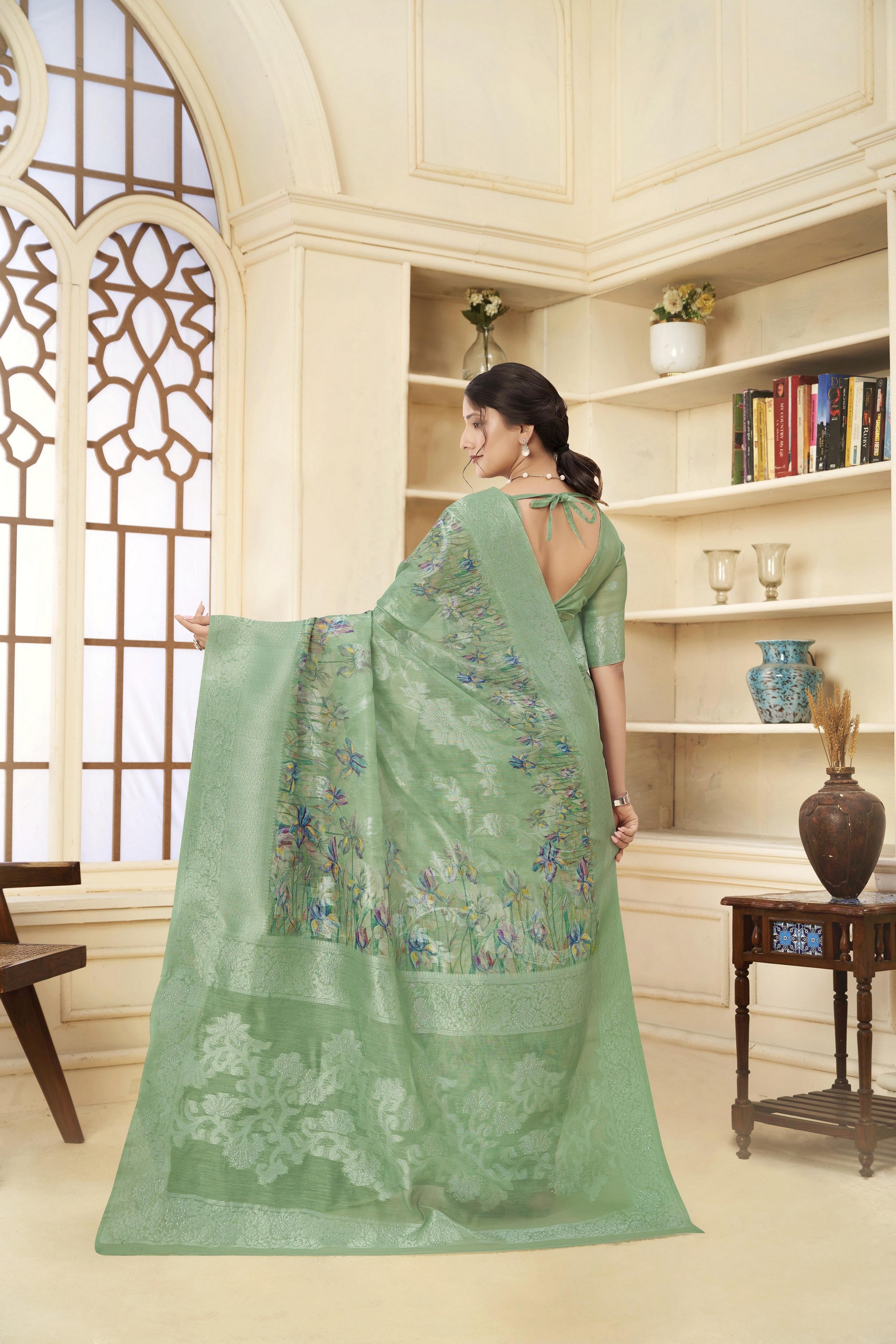 Green Woven Jacquard Designer With Printed Rich Silk Stylish Ceremonial Saree