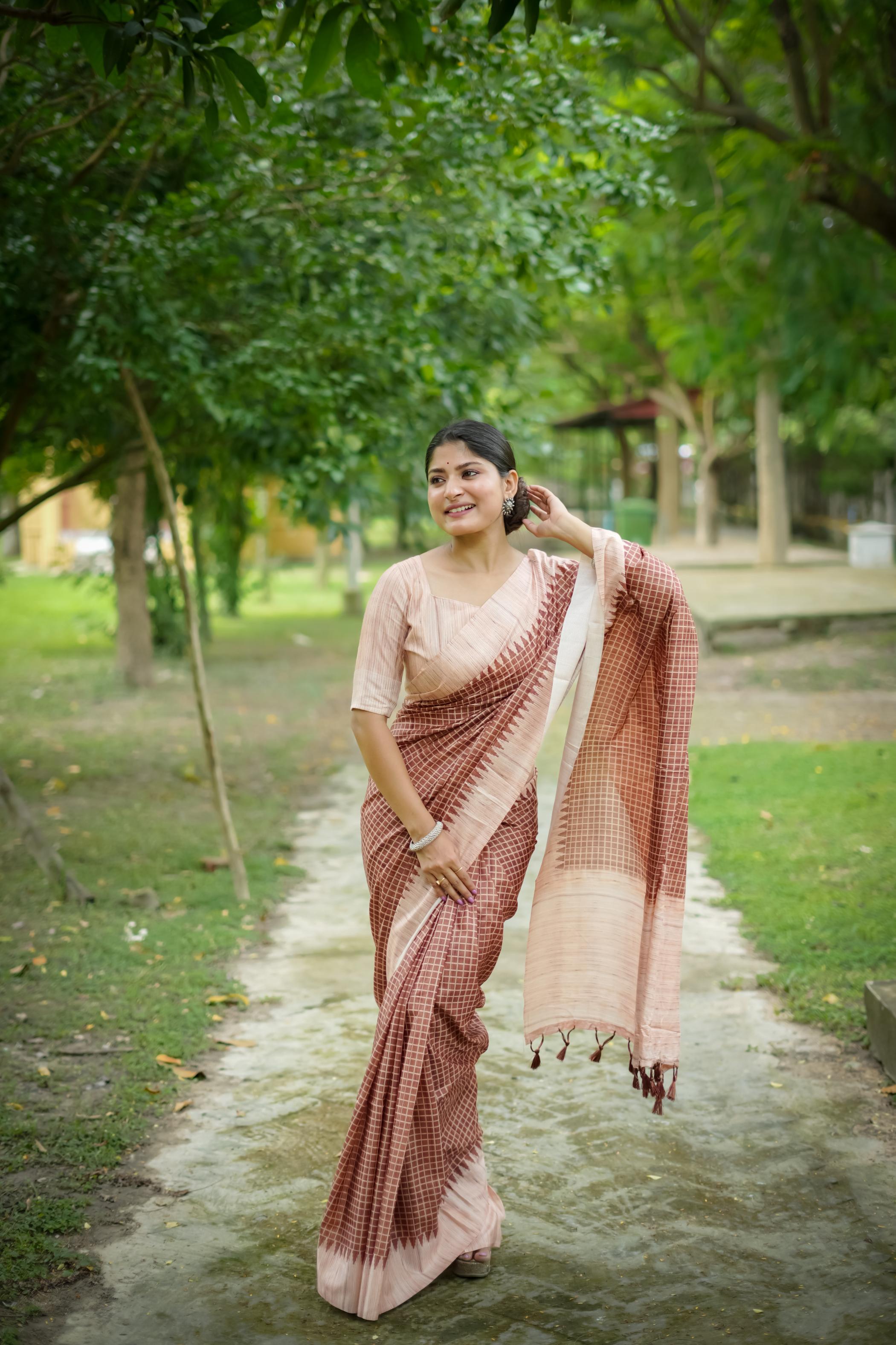 Brown Woven Kantha Designer Tussar Silk Saree With Printed Design