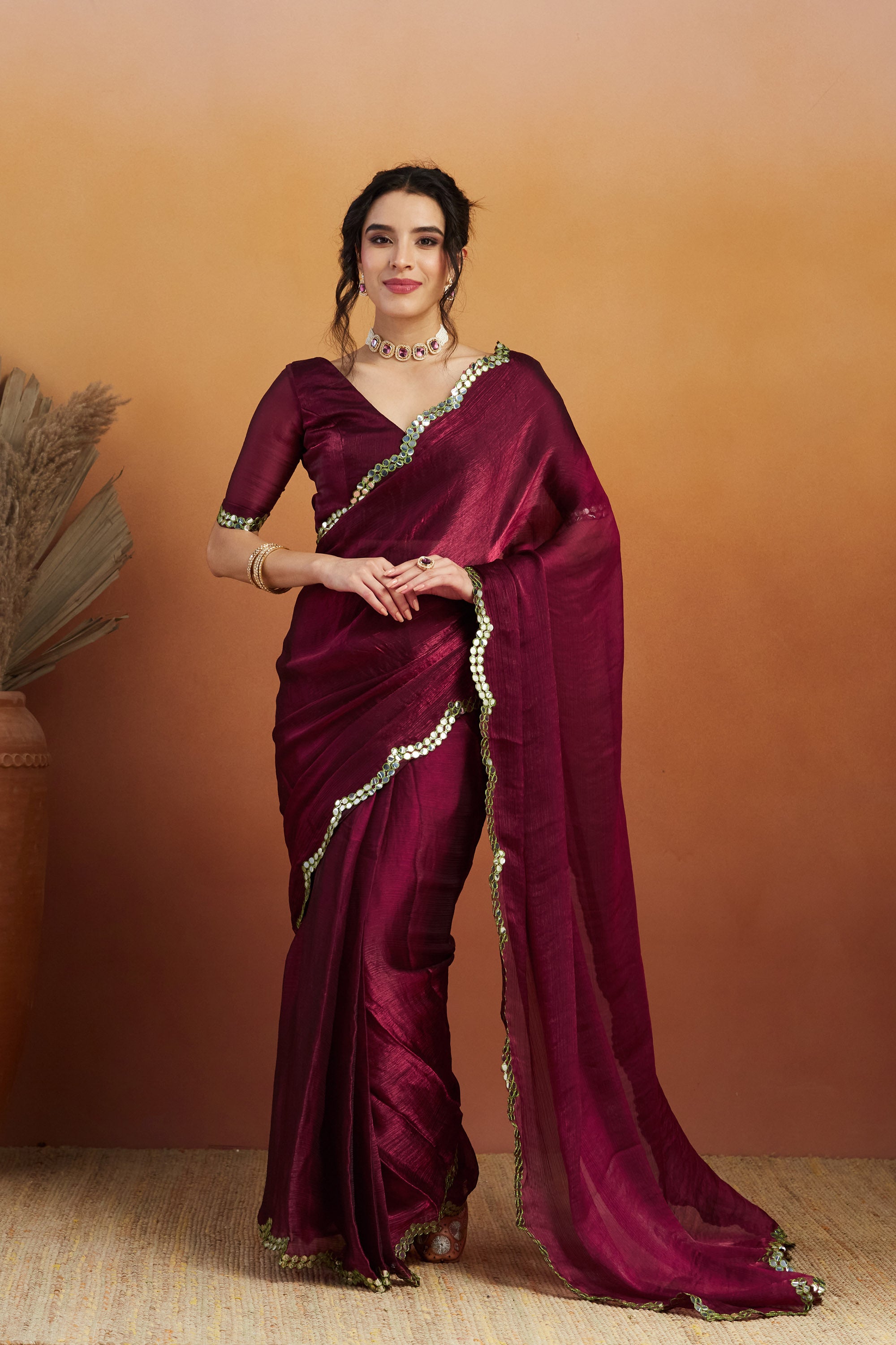 Burgundy Designer Fancy Ready To Wear Saree For Ceremonial Looks