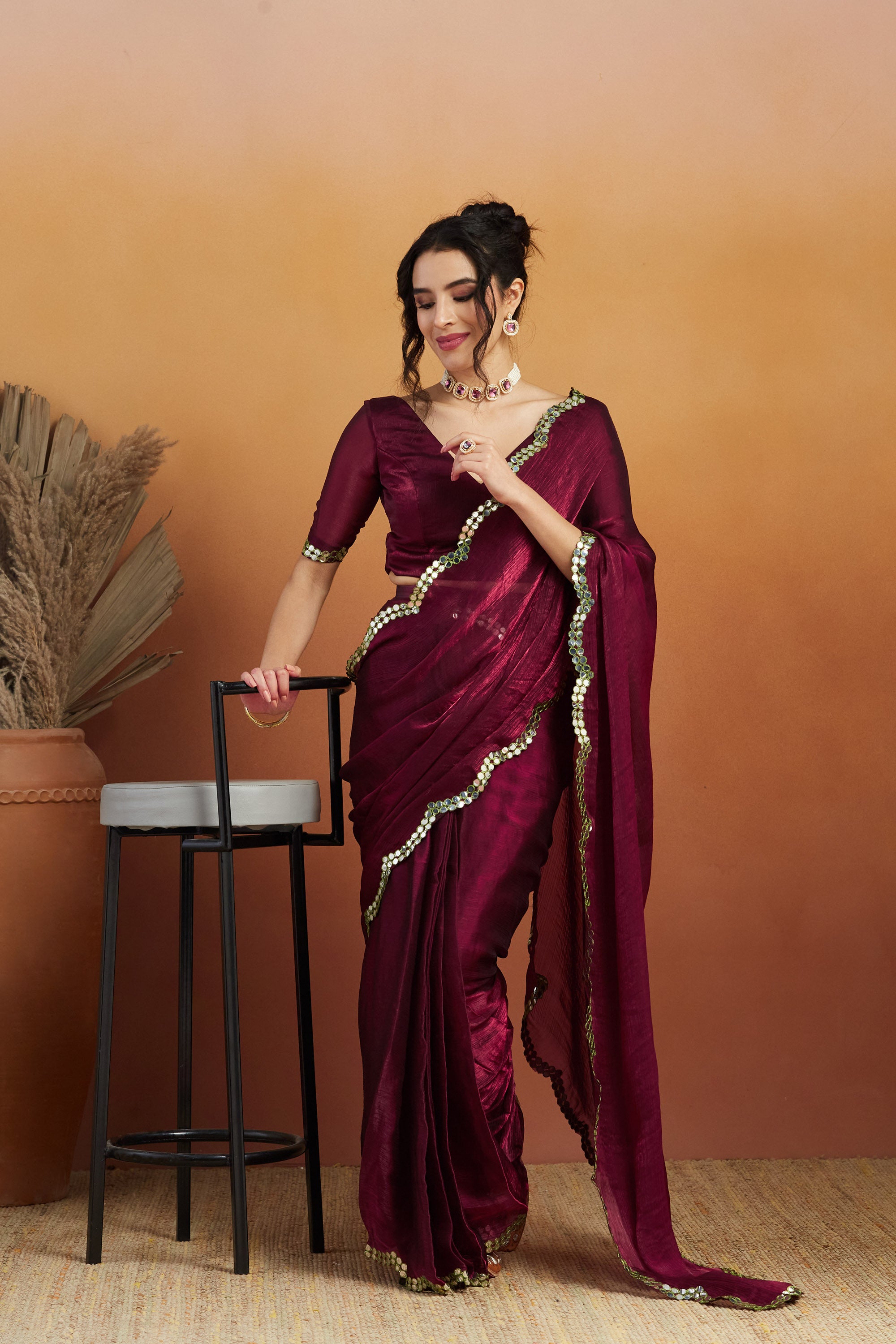 Burgundy Designer Fancy Ready To Wear Saree For Ceremonial Looks