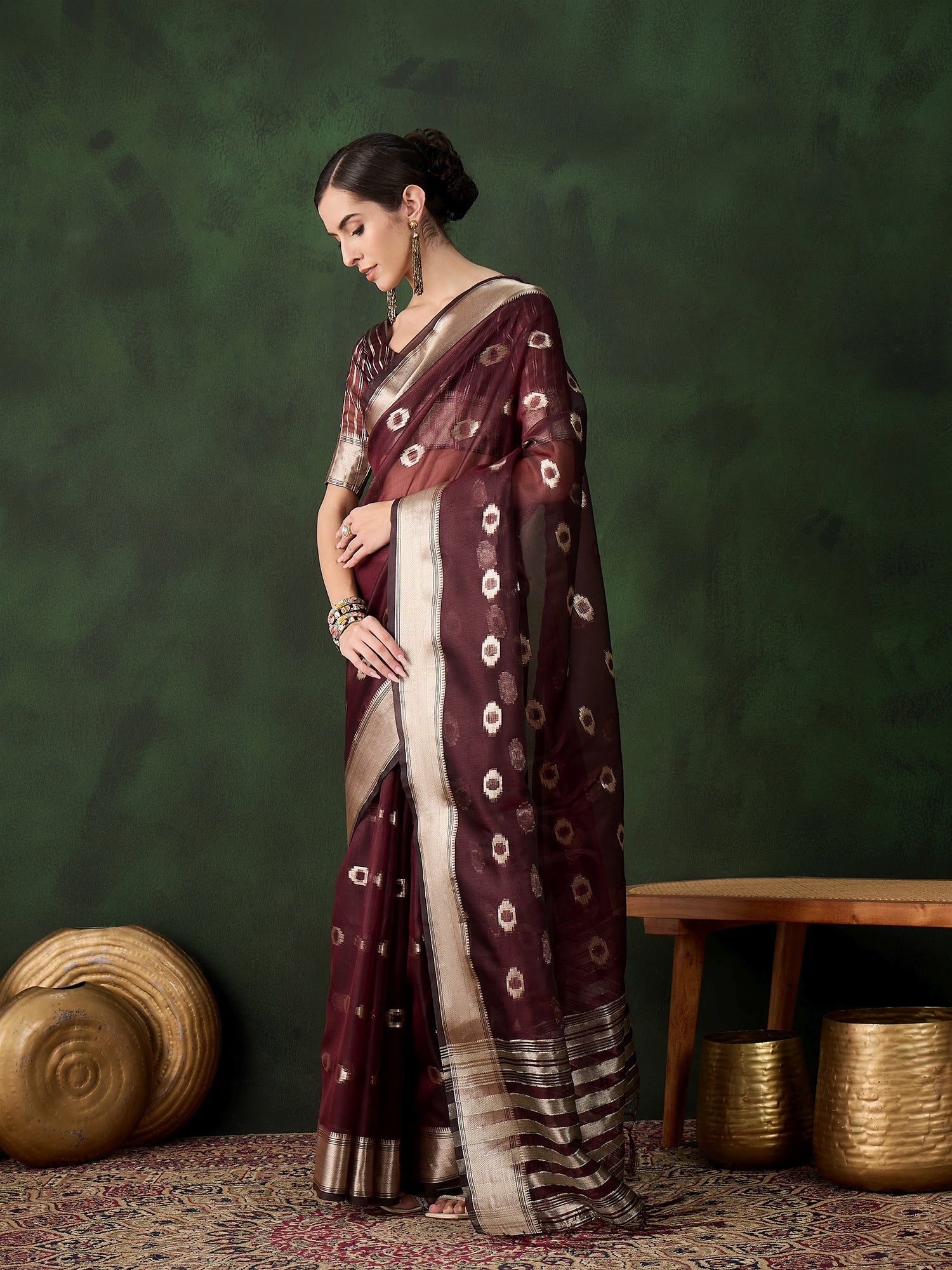 Burgundy Khadi Organza Woven Jacquard Designer Graceful Traditional Saree