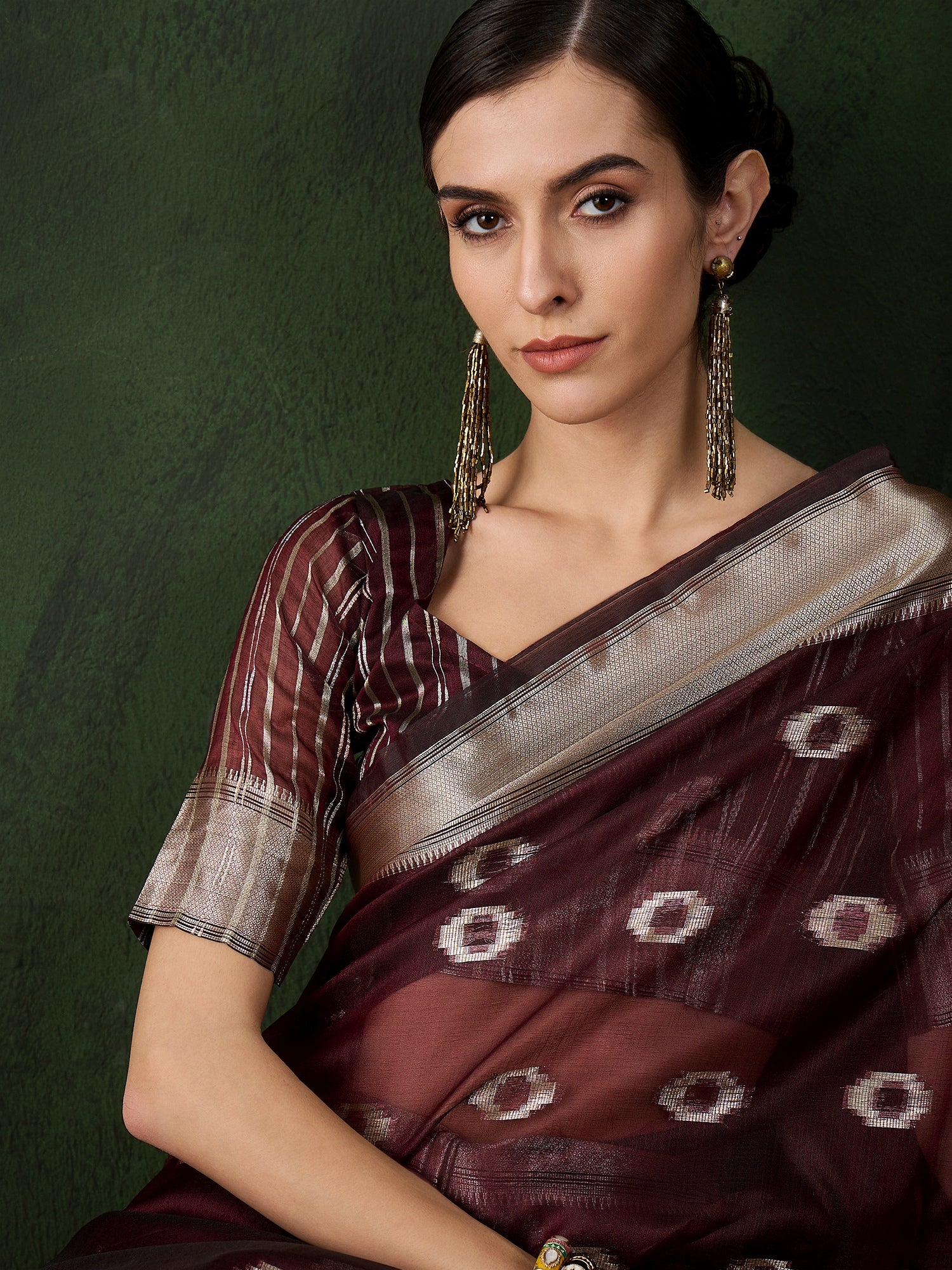 Burgundy Khadi Organza Woven Jacquard Designer Graceful Traditional Saree