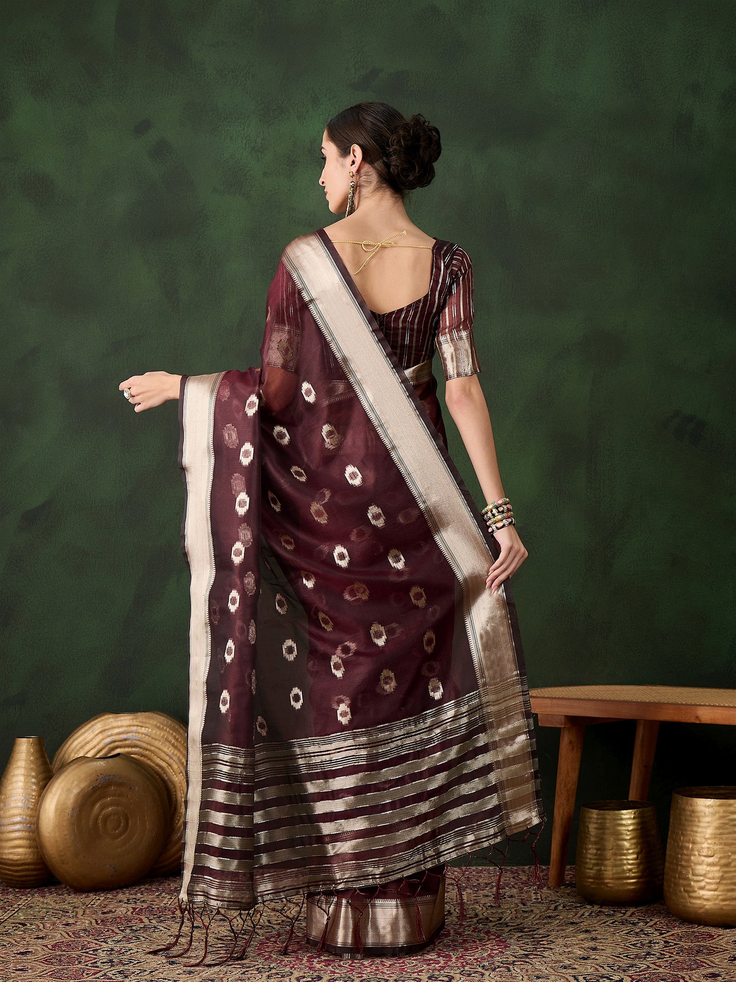 Burgundy Khadi Organza Woven Jacquard Designer Graceful Traditional Saree