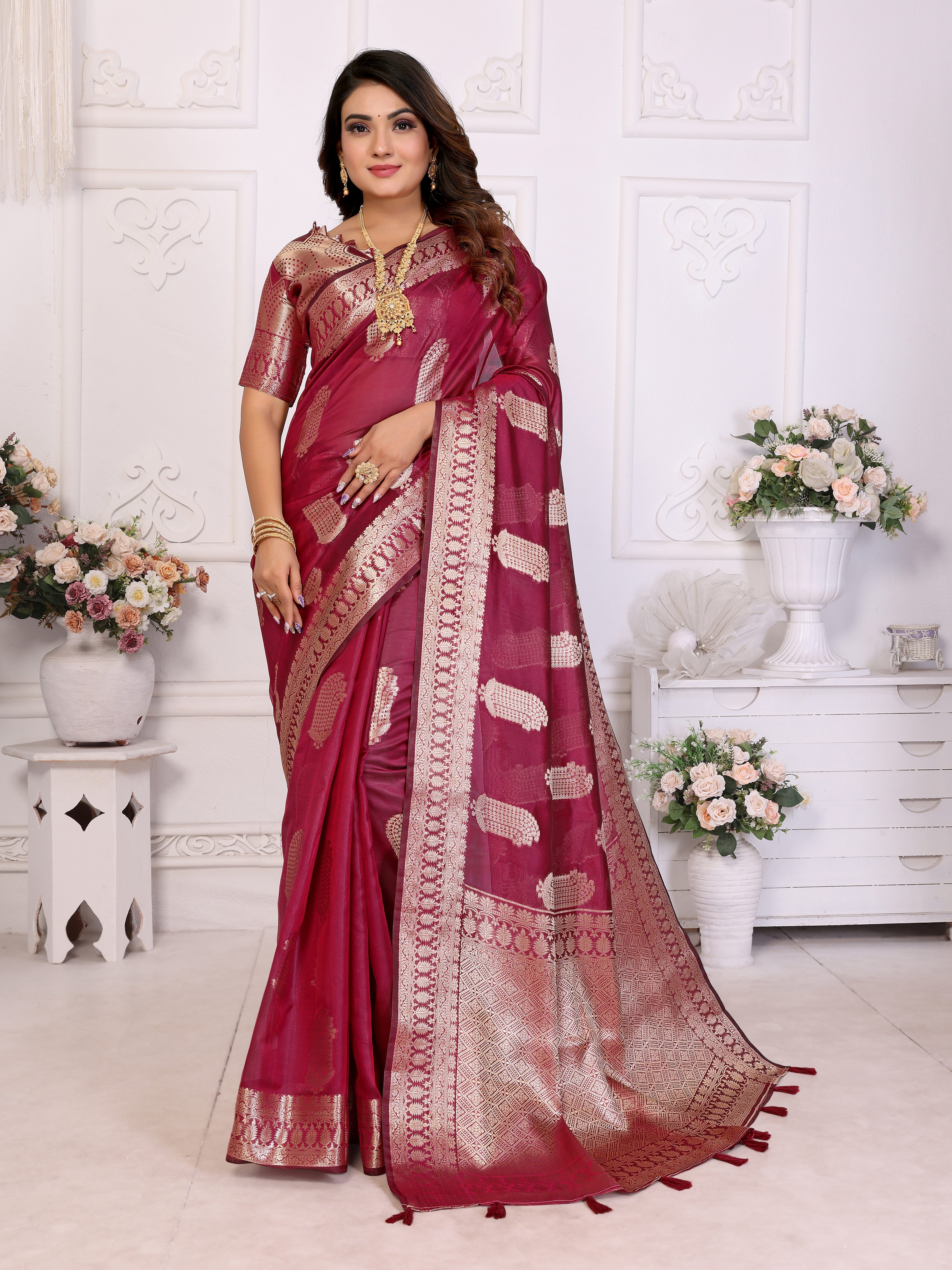 Burgundy Organza Gold Zari Designer Beautiful Festive Saree