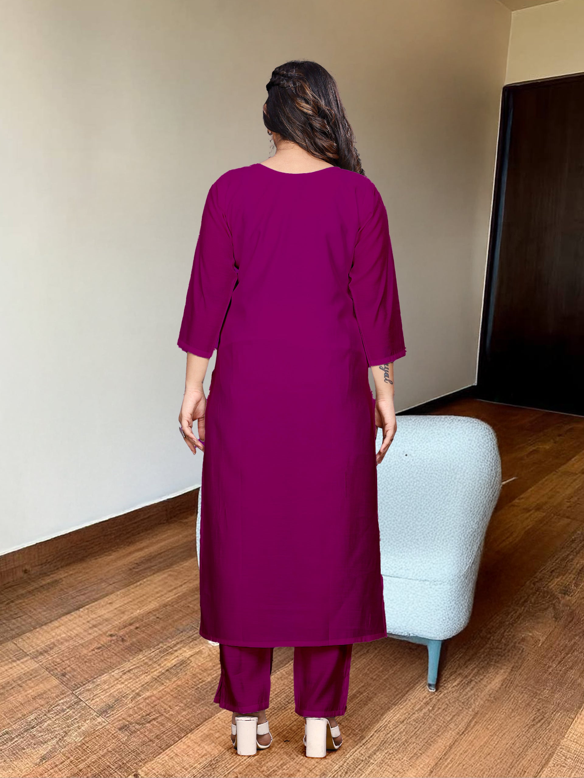 Burgundy Rayon Kurta Pant with Heavy Thread Embroidery Work With Printed Dupatta