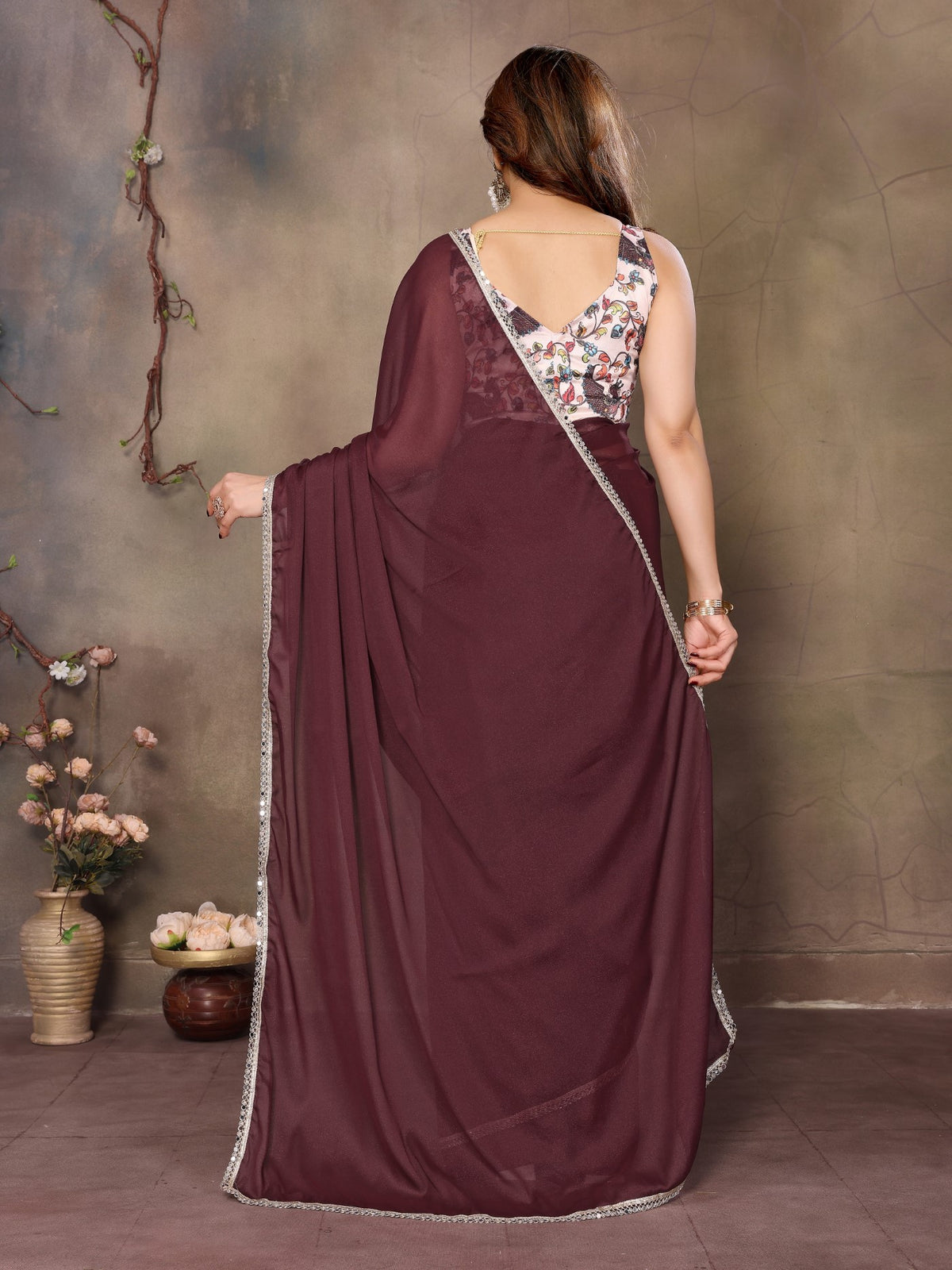 Burgundy Star Georgette Saree With Mirror Border Design
