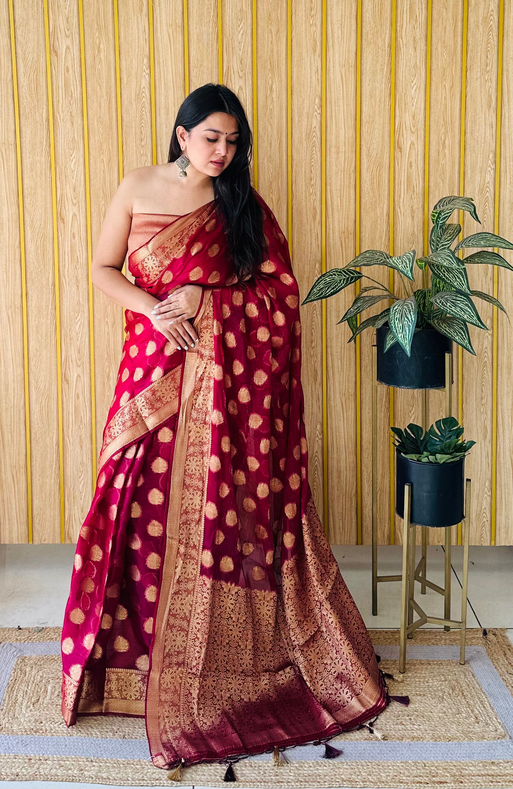 Burgundy Woven Jari Designer Gimichu Silk Partywear Saree