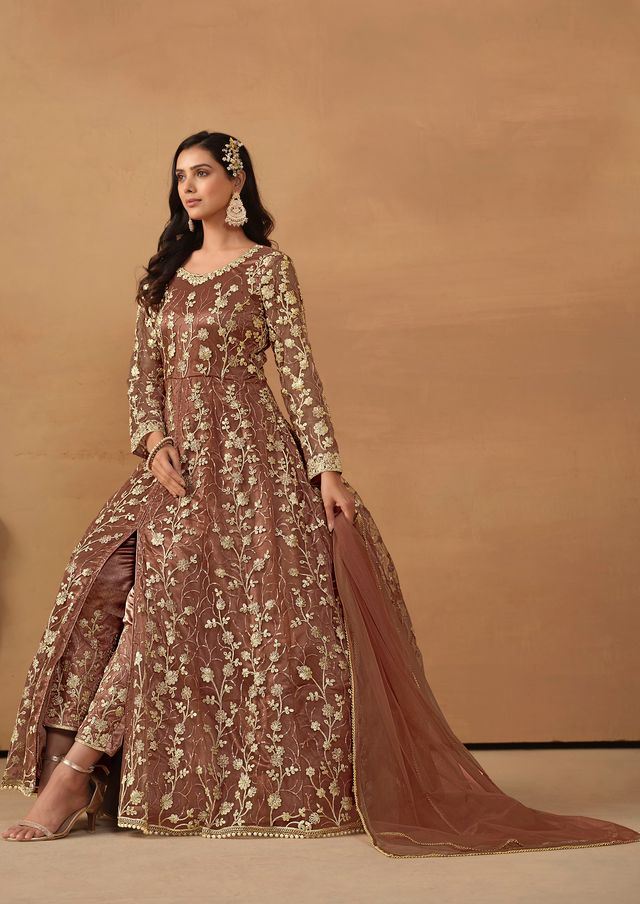 Brown Anarkali Suit With Heavy Thread Embroidery With Sequis Work