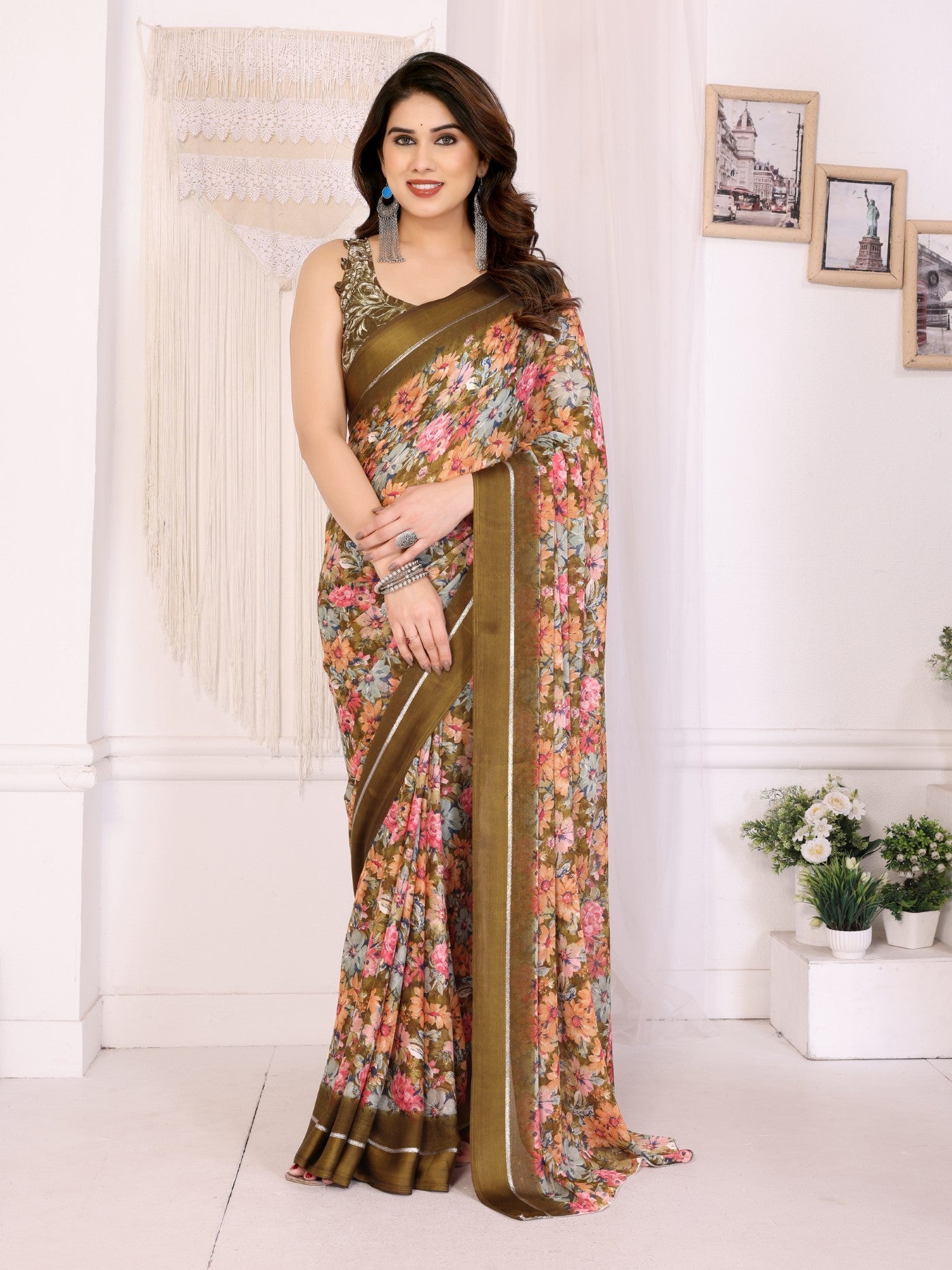 Camel Bright Moss Satin Patta Saree With Printed Design