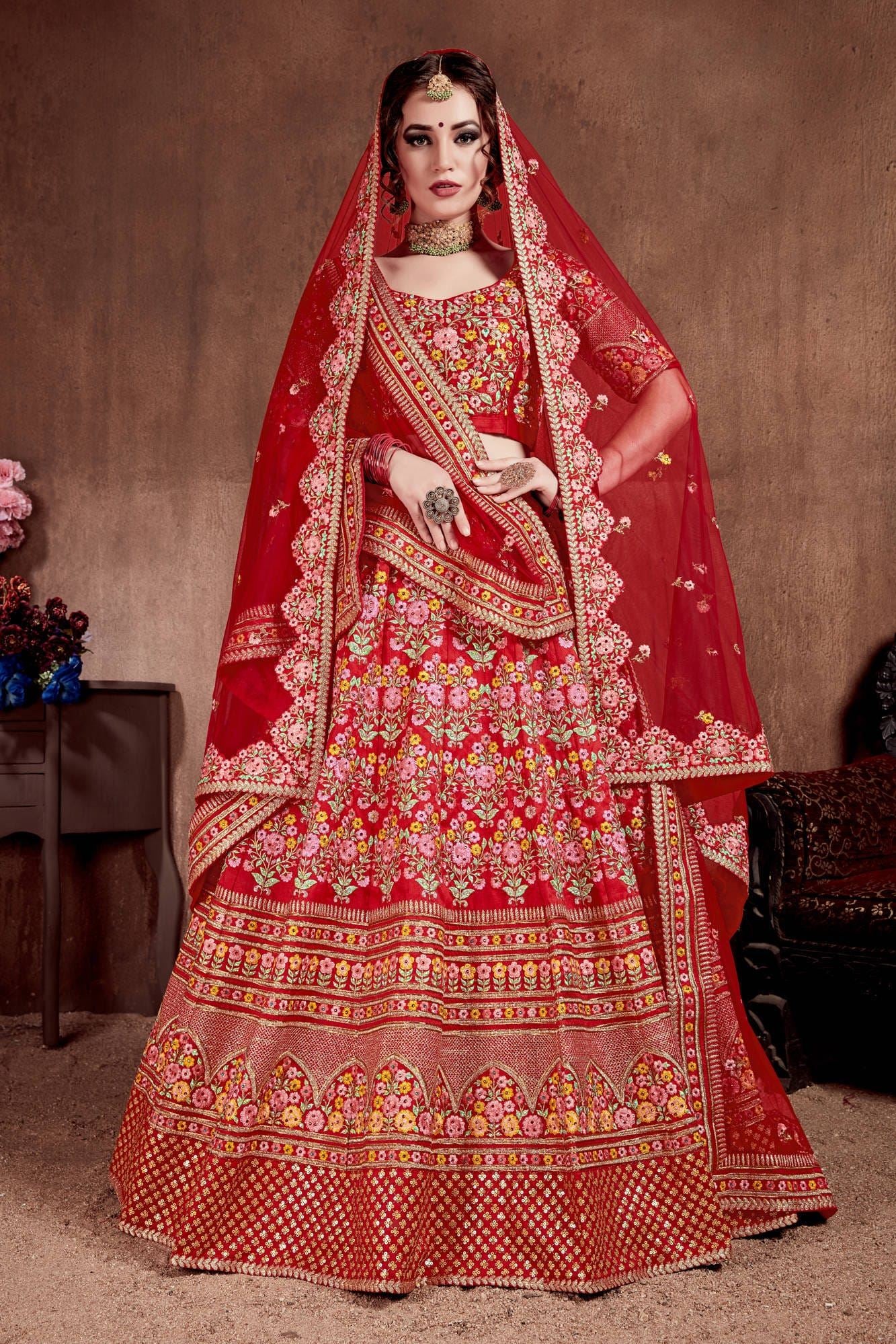 Carmine Red Lehenga Choli With Thread, Dori, Zari, Sequins Embroidery With Stone Work