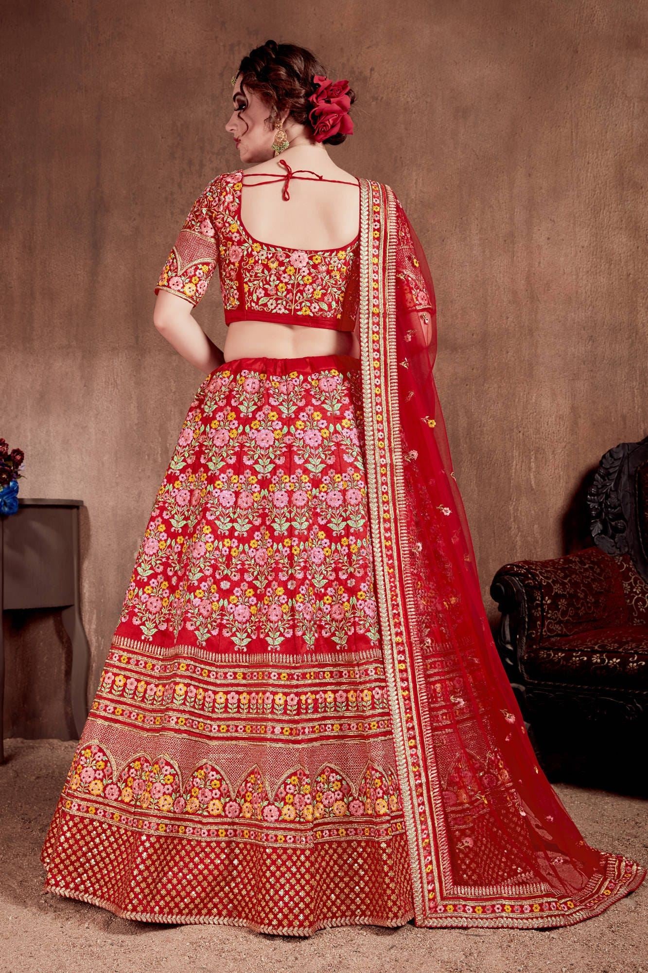 Carmine Red Lehenga Choli With Thread, Dori, Zari, Sequins Embroidery With Stone Work