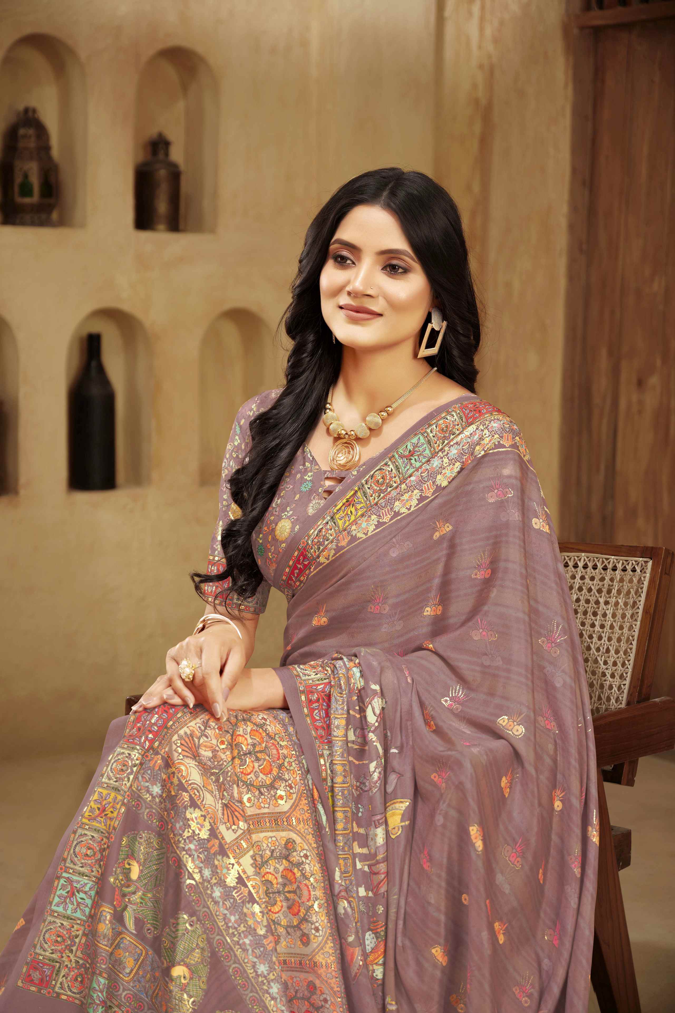 Carrot Pink Designer Position Digital Foil Printed Crepe Silk Ethnic Festive Saree