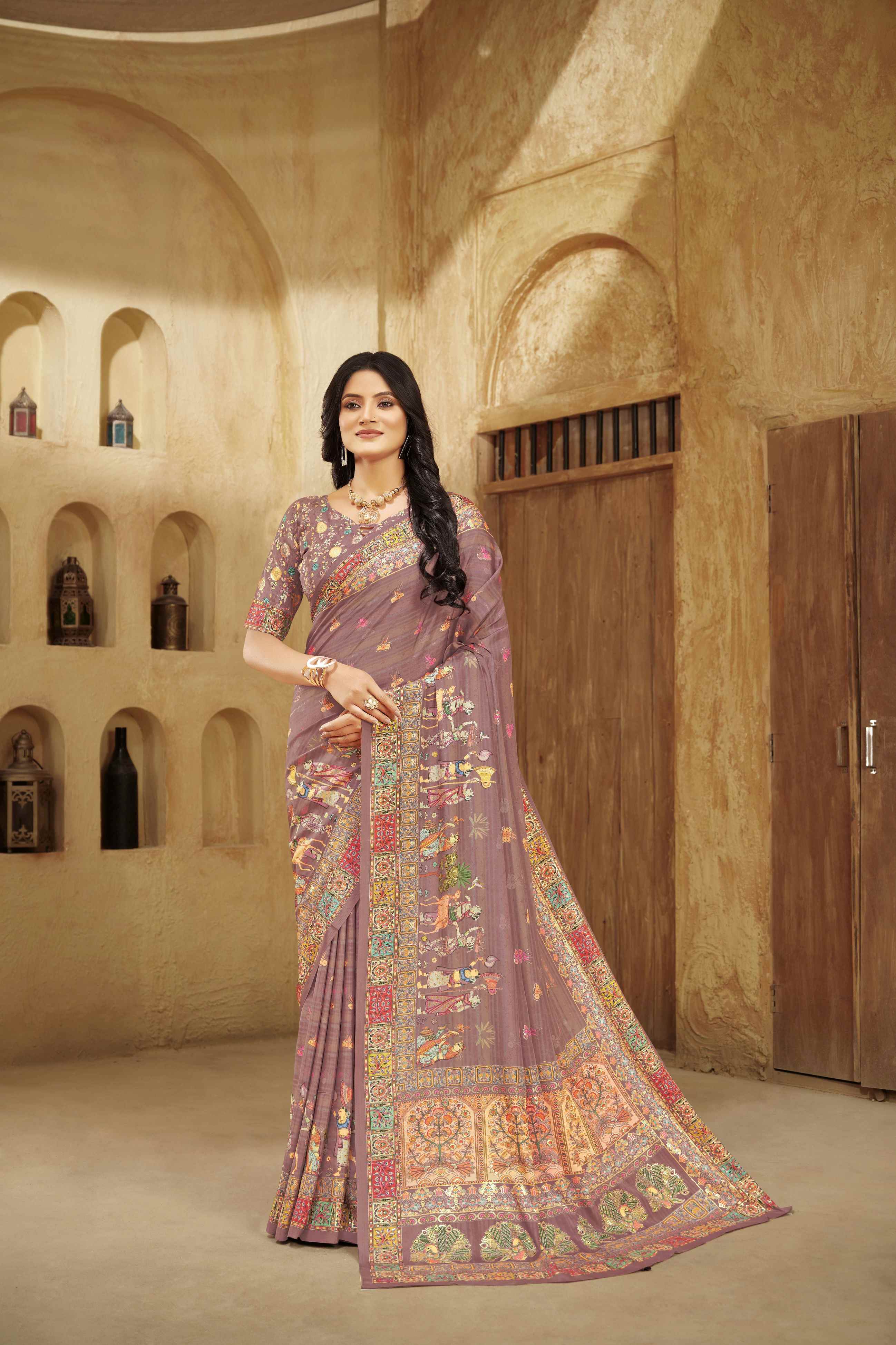 Carrot Pink Designer Position Digital Foil Printed Crepe Silk Ethnic Festive Saree