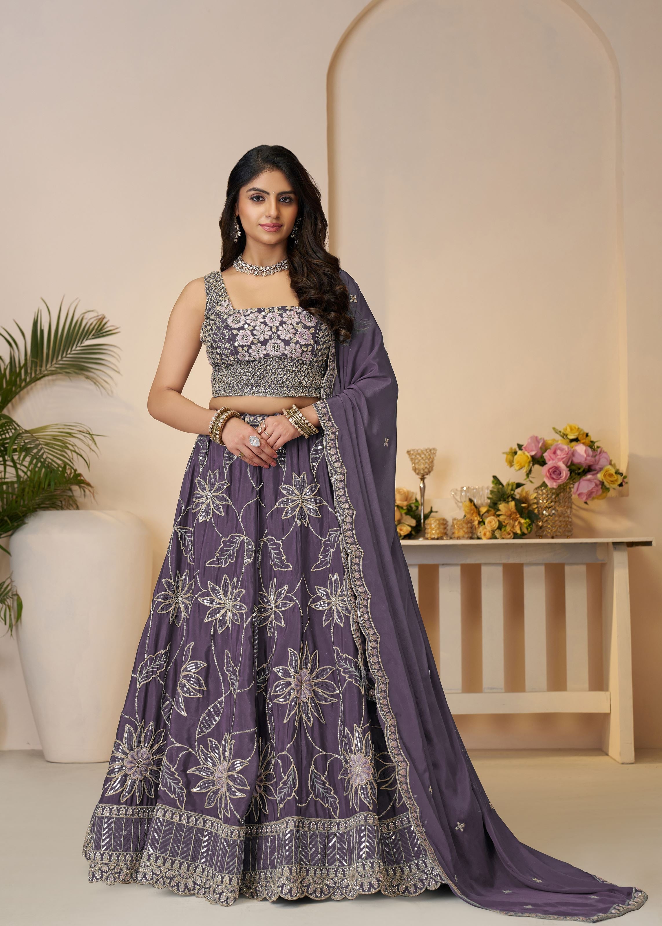 Celebrate In Color: Purple Zari Sequins Work Bridal Lehenga For Haldi Ceremonies