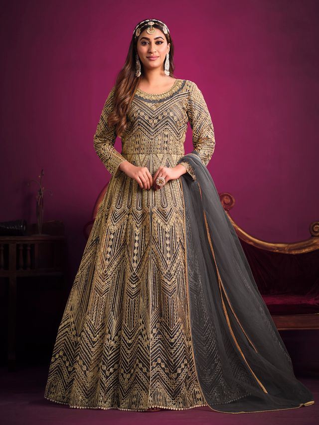 Charcoal Net Heavy Thread Embroidery, Zari With Sequins Work Anarkali Suits
