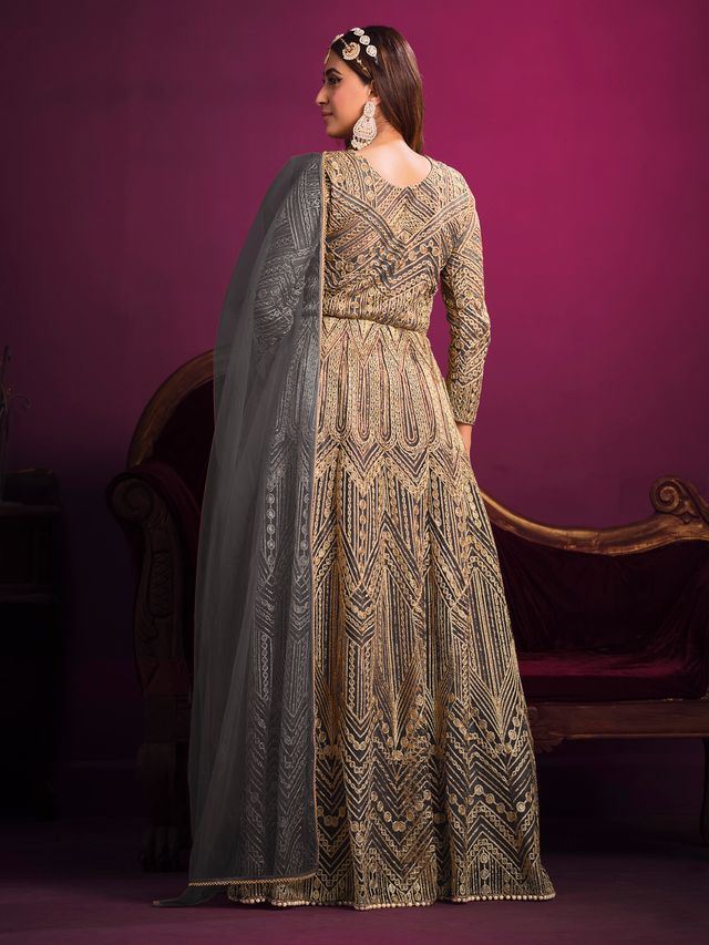Charcoal Net Heavy Thread Embroidery, Zari With Sequins Work Anarkali Suits